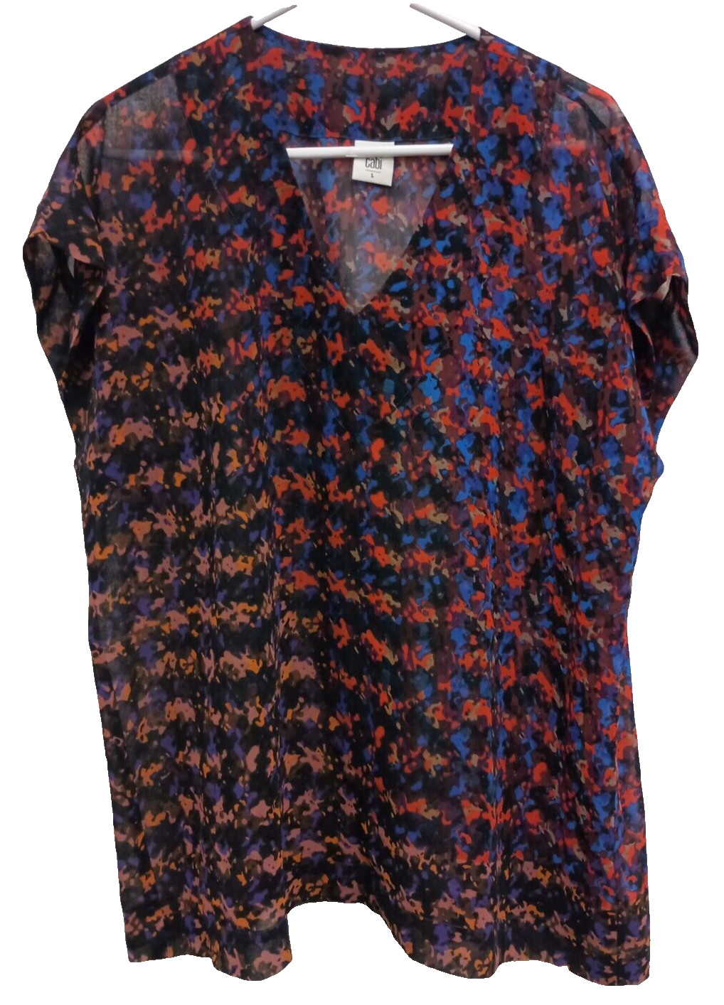 CAbi Womens The Bonus Print Blouse Top Large Red Blue Chiffon Short Sleeve #3428