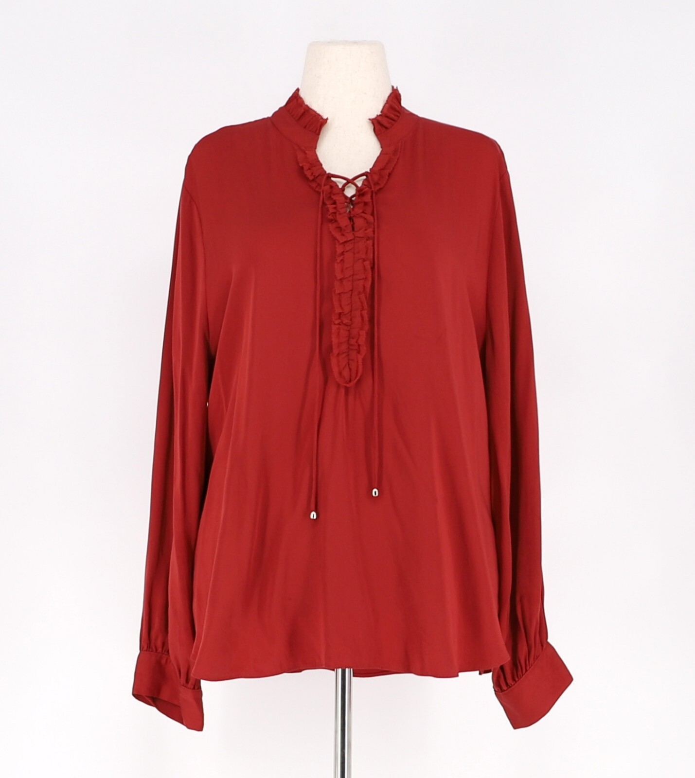 NWT CHICO\'S Ruffle Tie Neck Pullover Sandwash Satin Blouse in Spiced Red Size 4 NWT CHICO\'S Ruffle Tie Neck Pullover Sandwash Satin Blouse in Spiced Red Size 4