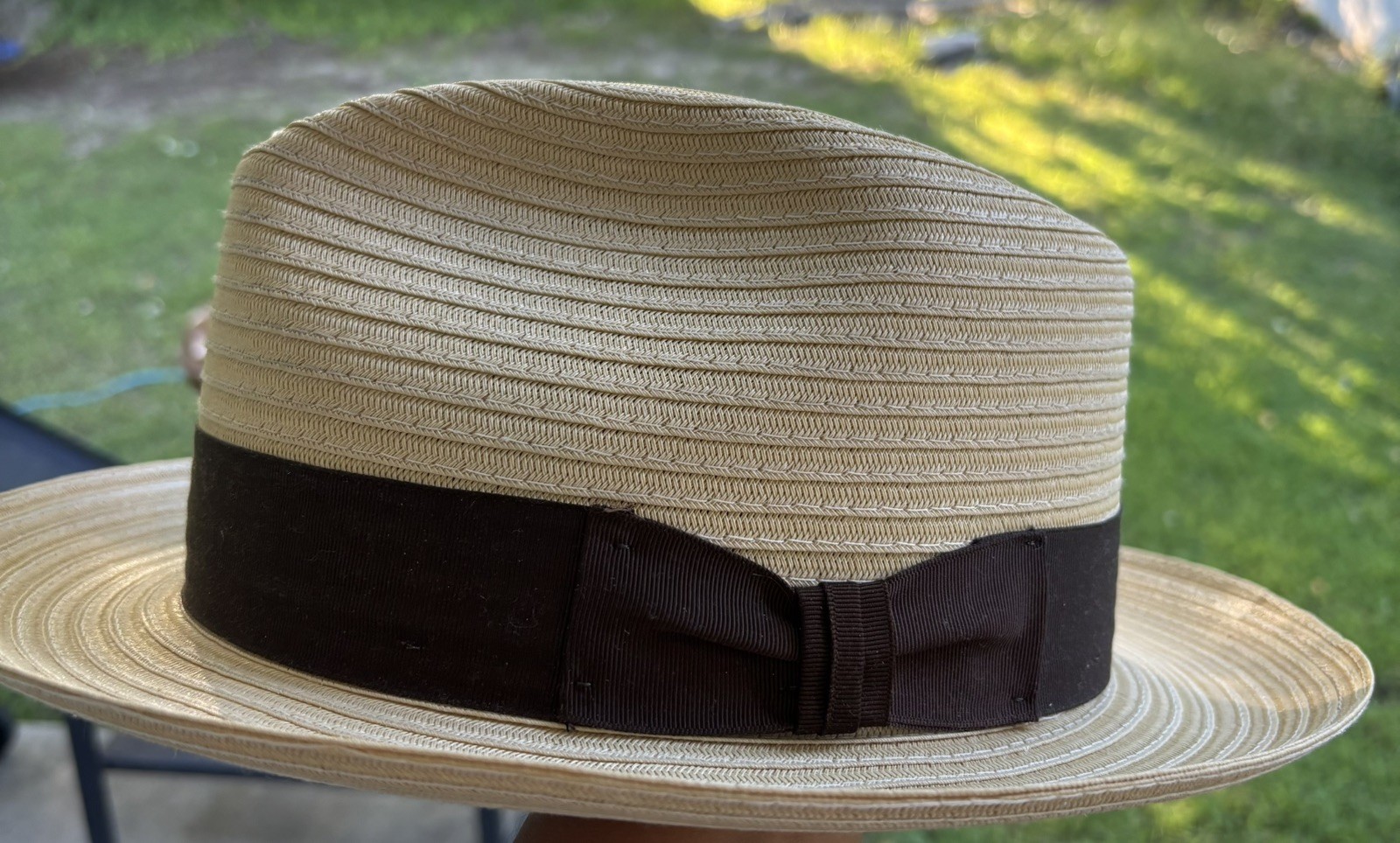 Dobbs Fifth Avenue Ivory Beige Brown Ribbon Straw Fedora Hat 7 5/8 XL 
