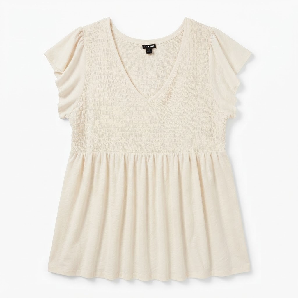 TORRID Plus Size 2X V-Neck Smocked Babydoll Top Cream Ivory Flutter Short Sleeve TORRID Plus Size 2X V-Neck Smocked Babydoll Top Cream Ivory Flutter Short Sleeve