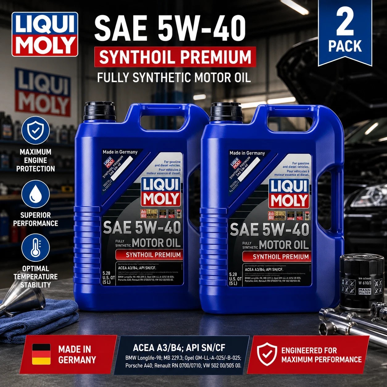 (2 PACK) LIQUI MOLY 2041 Synthoil Premium SAE 5W-40; 5 Liter (2 PACK) LIQUI MOLY 2041 Synthoil Premium SAE 5W-40; 5 Liter