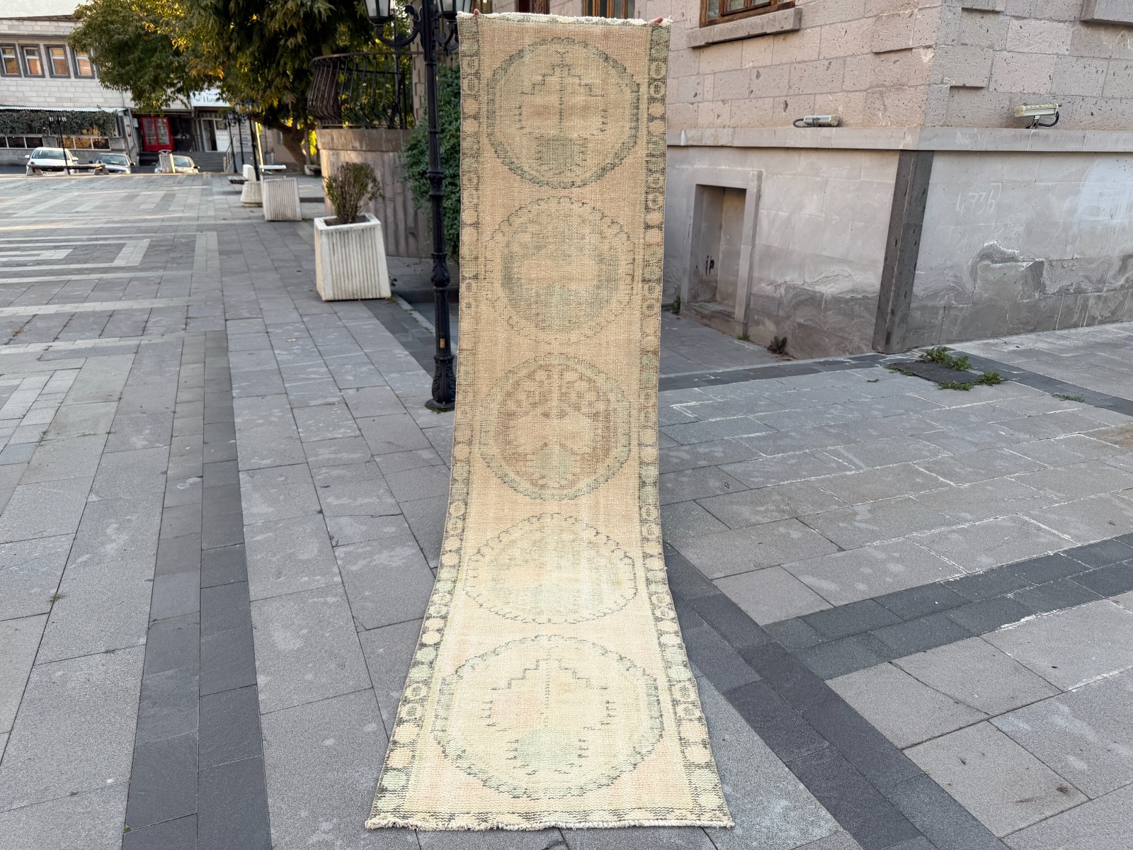 Runner Rug 2.7x11.1 ft Vintage Turkish Wool Beige Sage Green Faded Medallion