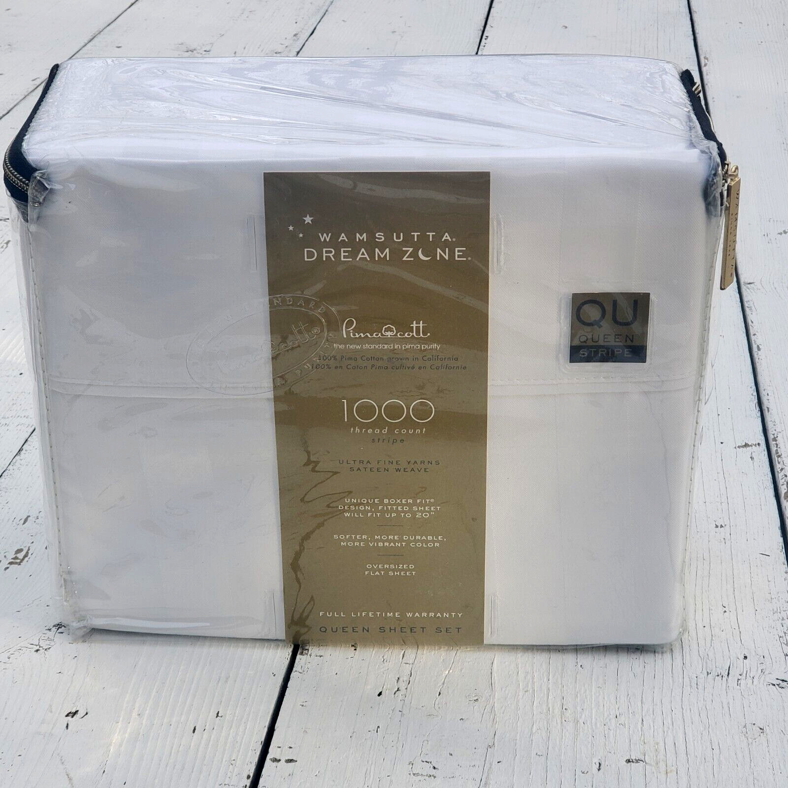 DISCONTINUED WAMSUTTA Dream Zone 1000 TC PimaCott QUEEN Sheet Set STRIPE WHITE