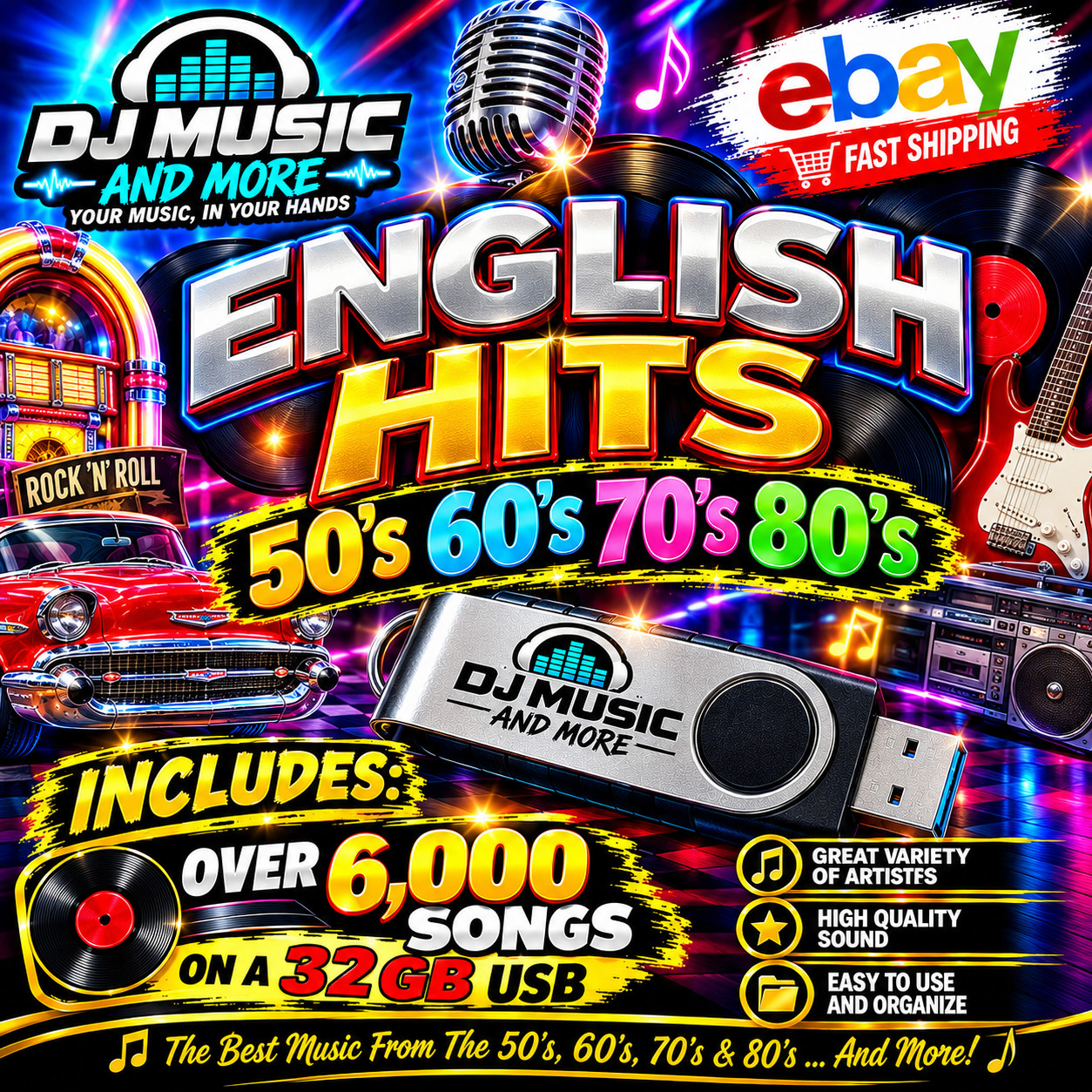ENGLISH HITS 50, 60, 70 AND 80 -TOP HITS ENGLISH. OVER 6,000 SONGS IN 1 USB 32GB ENGLISH HITS 50, 60, 70 AND 80 -TOP HITS ENGLISH. OVER 6,000 SONGS IN 1 USB 32GB