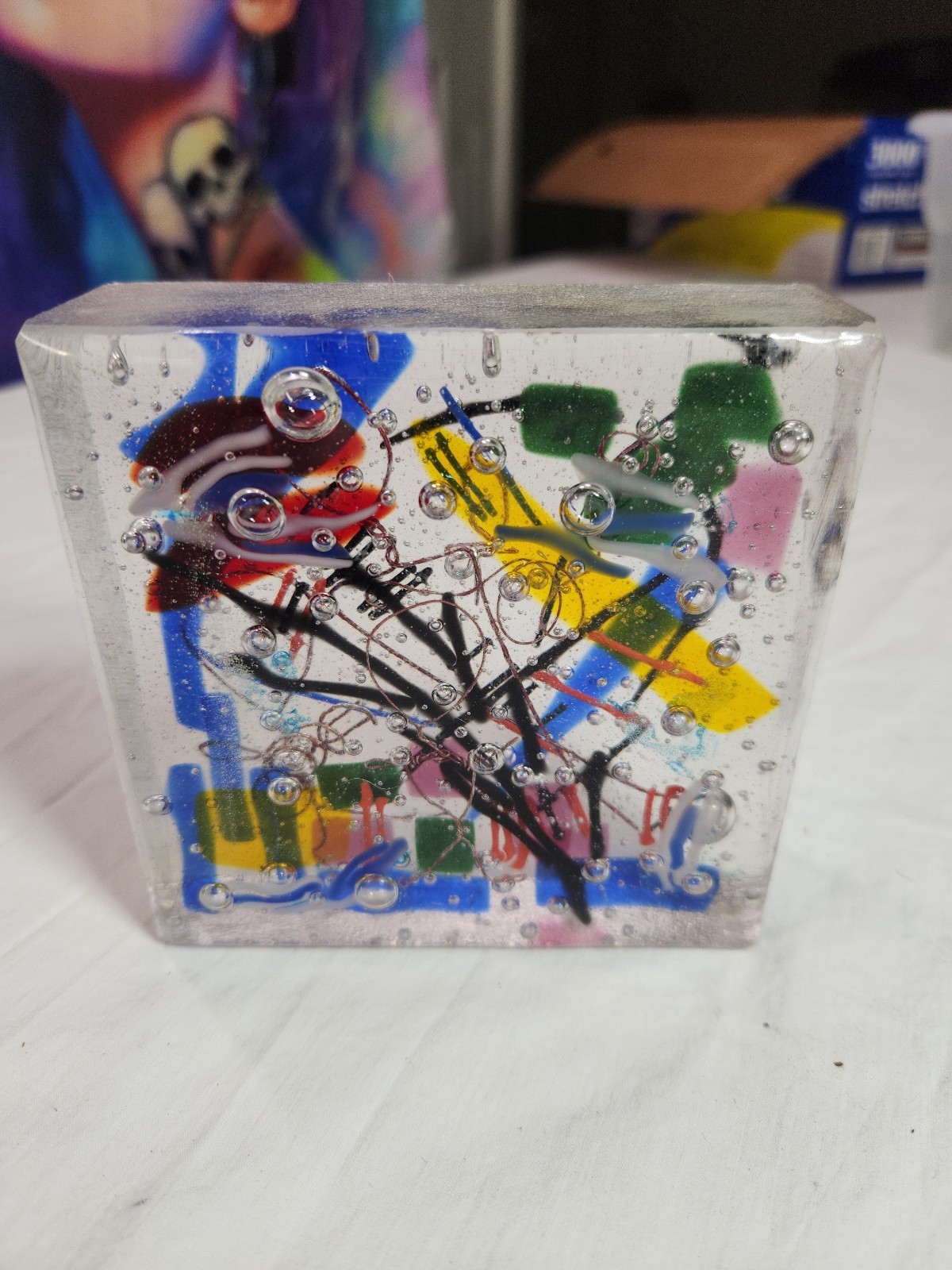 Colorful Fused Glass Art Cube Paperweight Abstract Multicolor