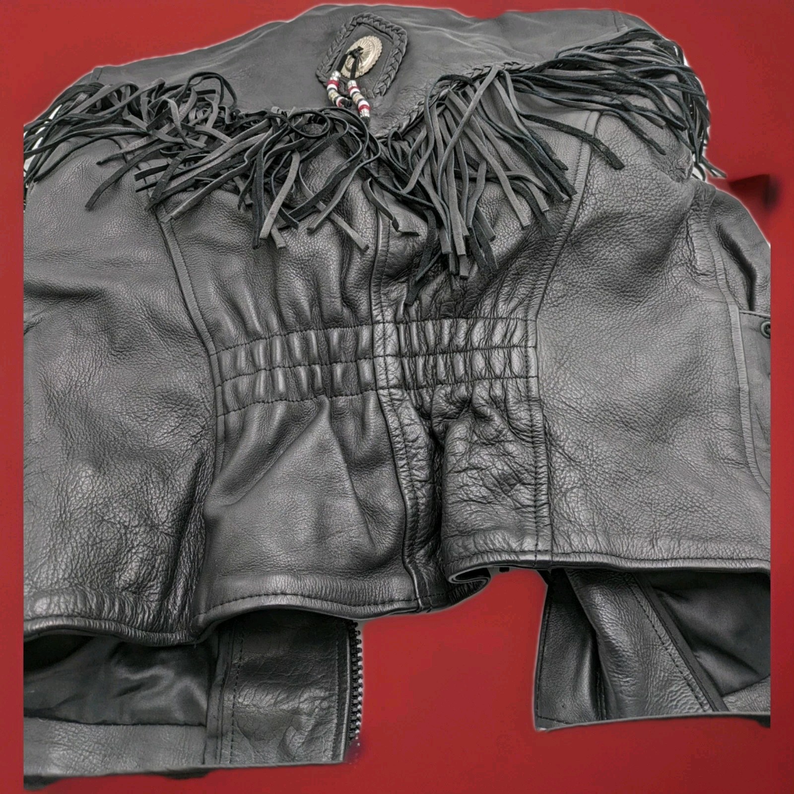 Hot Leathers Motorcycle Jacket Size 3XL, With Fringe, Braids, Beads, Medallions Hot Leathers Motorcycle Jacket Size 3XL, With Fringe, Braids, Beads, Medallions