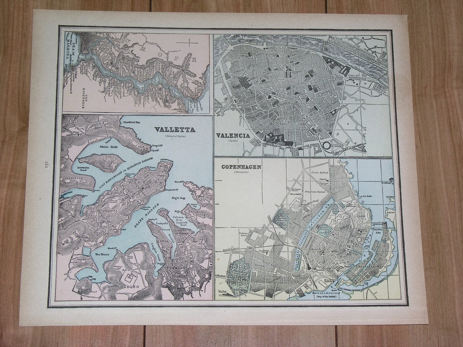 1890 ANTIQUE MAP OF VALLETTA MALTA / ISTANBUL VALENCIA ATHENS GENOA COPENHAGEN