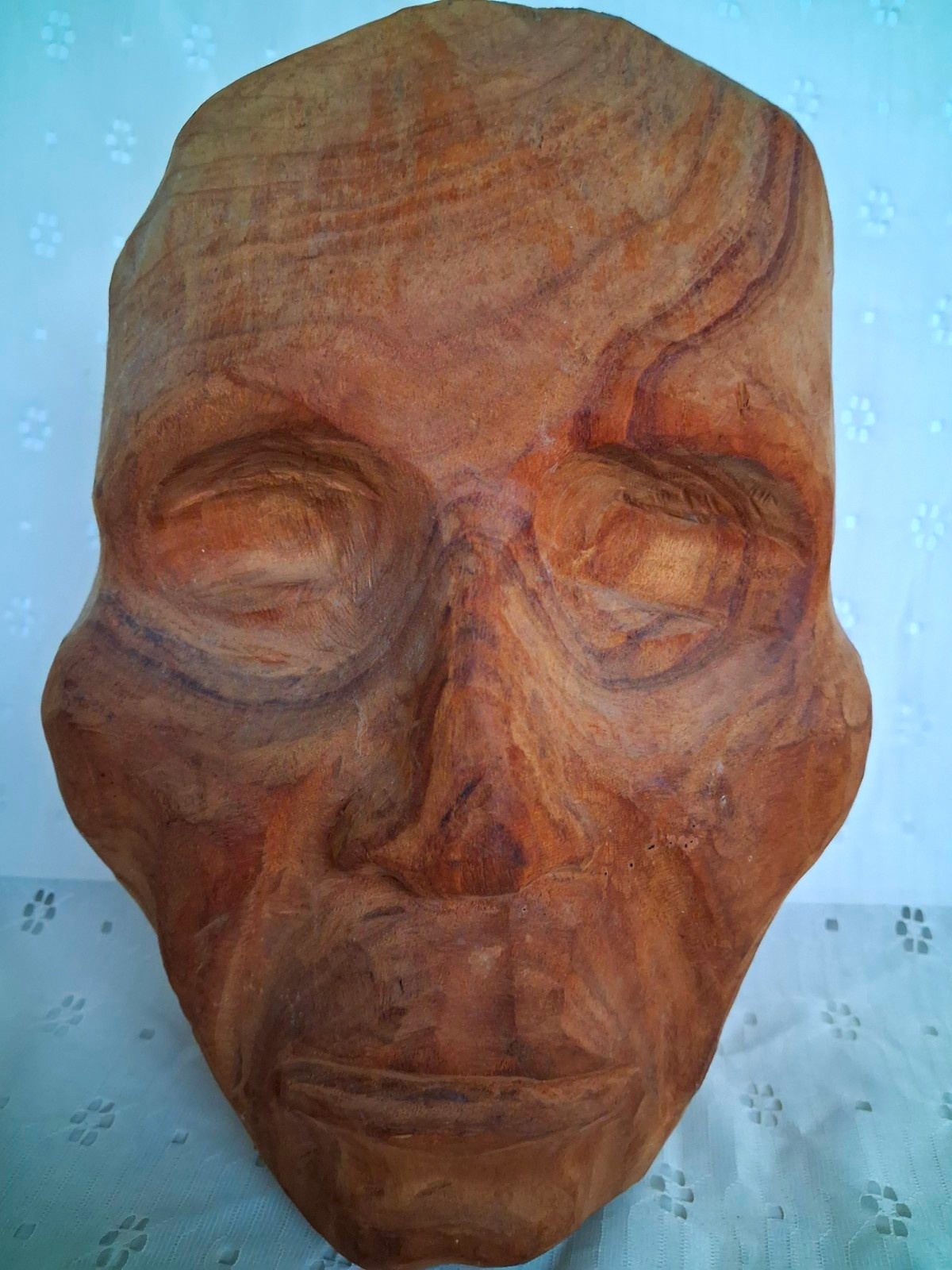 Vintage Hand Carved Wood Face Sculpture Mask Folk Art Freestanding Wall Art Sign