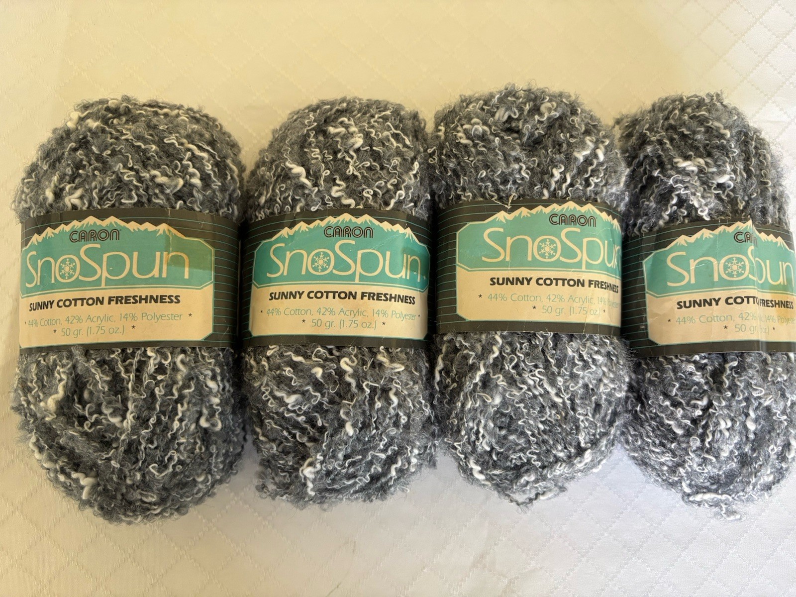 CARON Snospun Yarn - Lot Of 4 - Grey - 1.75 Oz Each - 44% Cotton