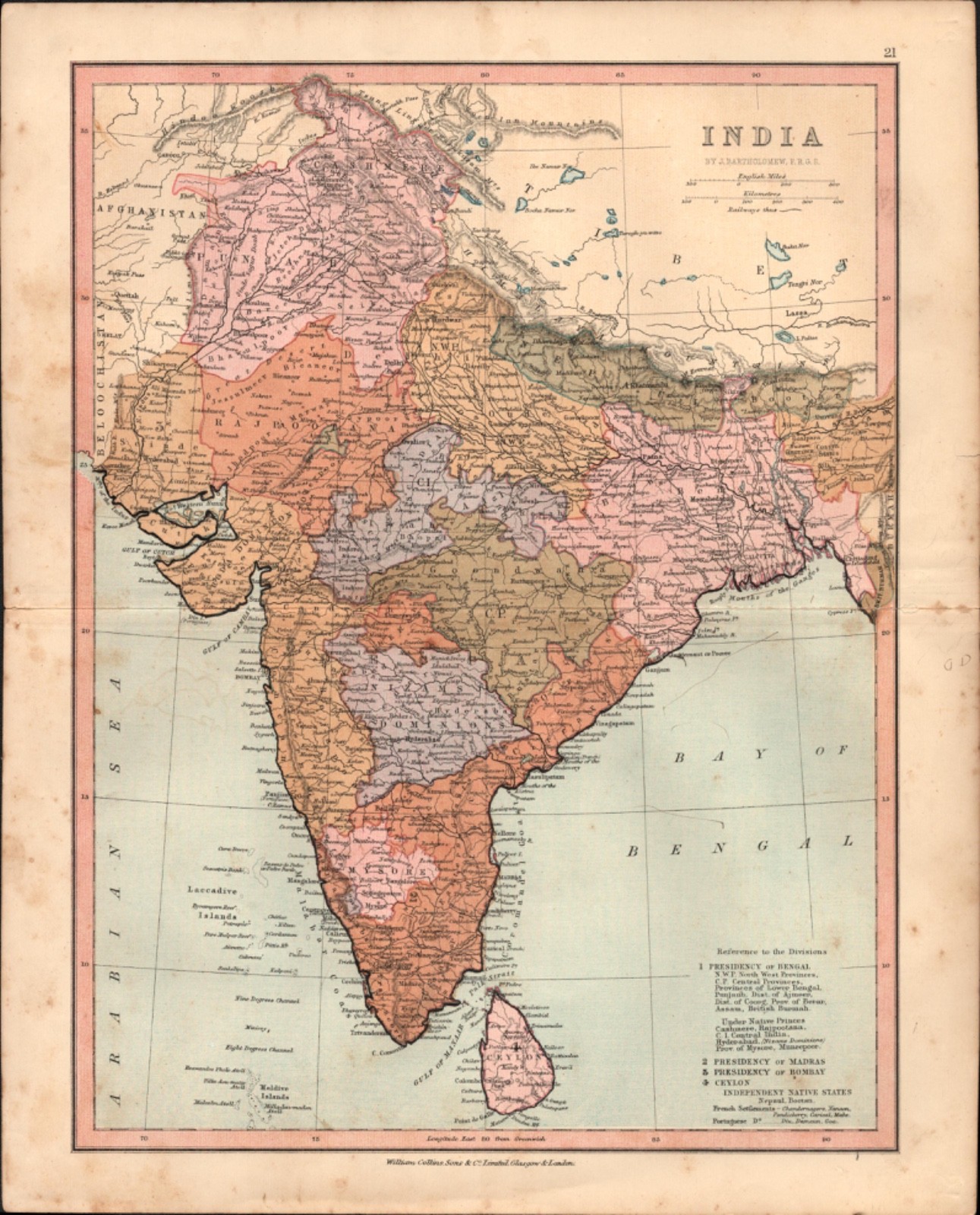 1880 MAP OF INDIA antique 10.5\ 1880 MAP OF INDIA antique 10.5\