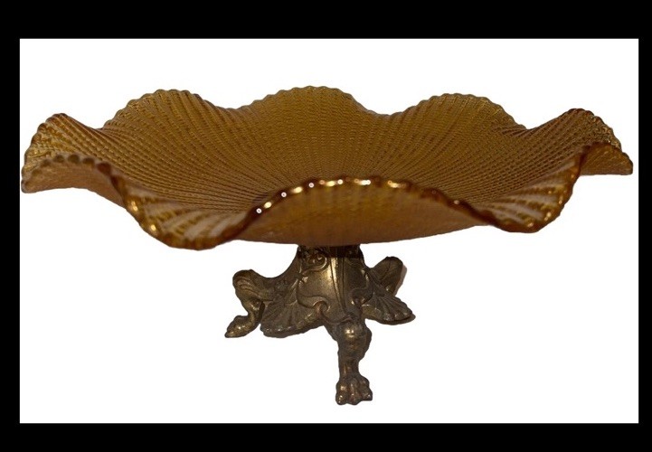 Antique Fenton glass Ruffled Pedestal bowl with a brass Claw Foot Antique Fenton glass Ruffled Pedestal bowl with a brass Claw Foot