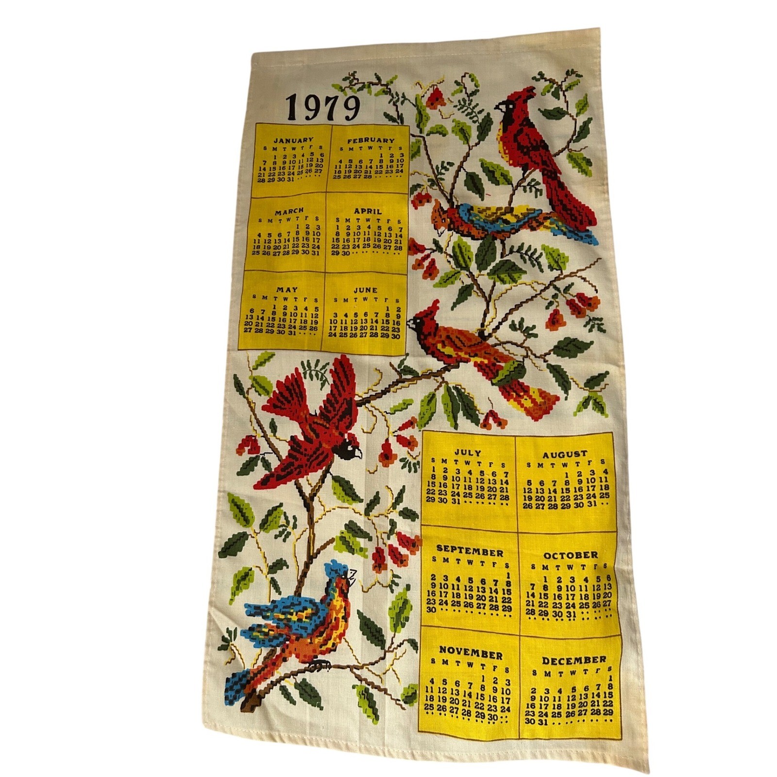 Vintage 1979 Linen Calendar Tea Towel Birds Cardinals Retro Kitchen Wall Decor Vintage 1979 Linen Calendar Tea Towel Birds Cardinals Retro Kitchen Wall Decor