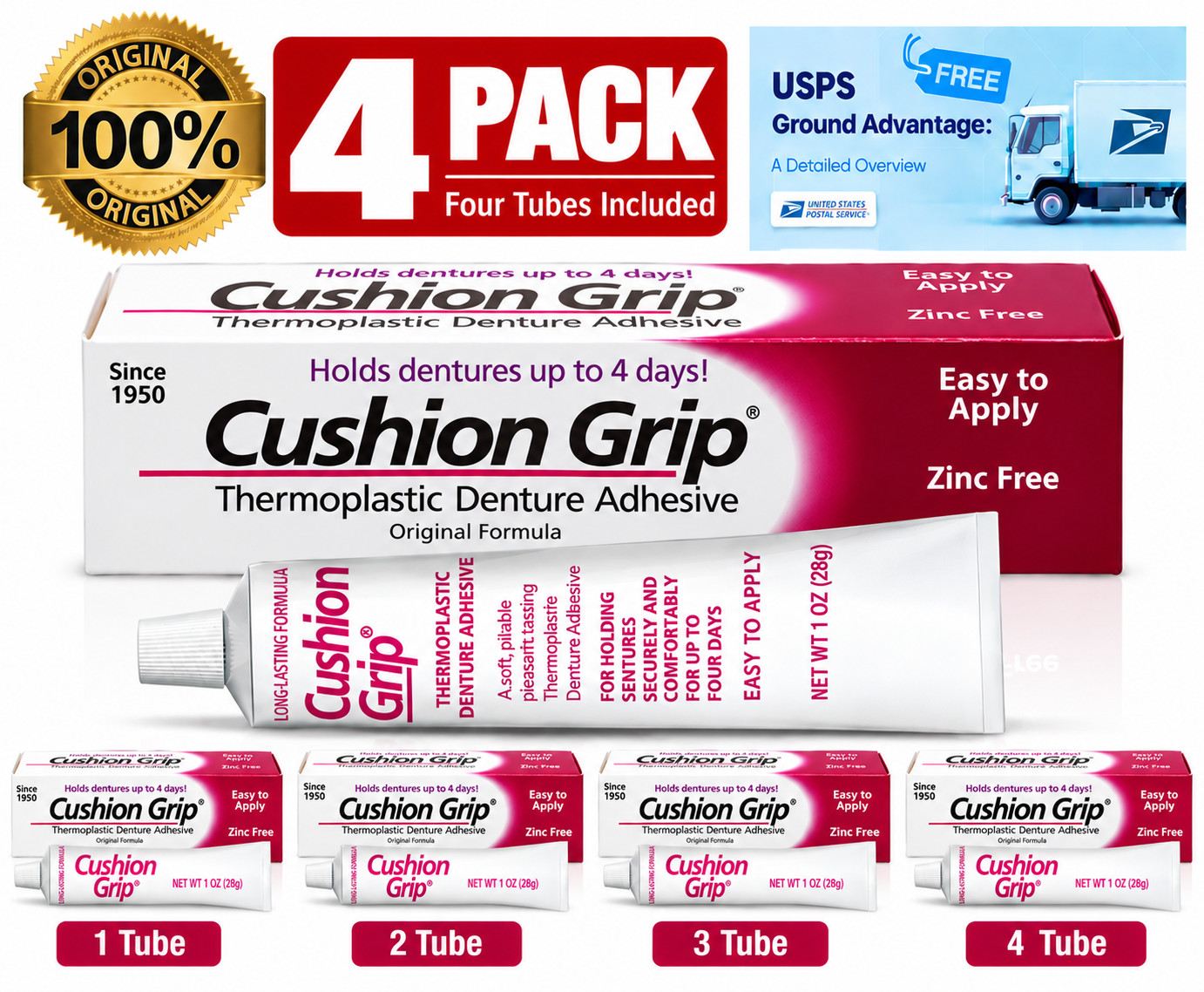 Cushion Grip Thermoplastic Denture Adhesive 1 oz, 4 Pack