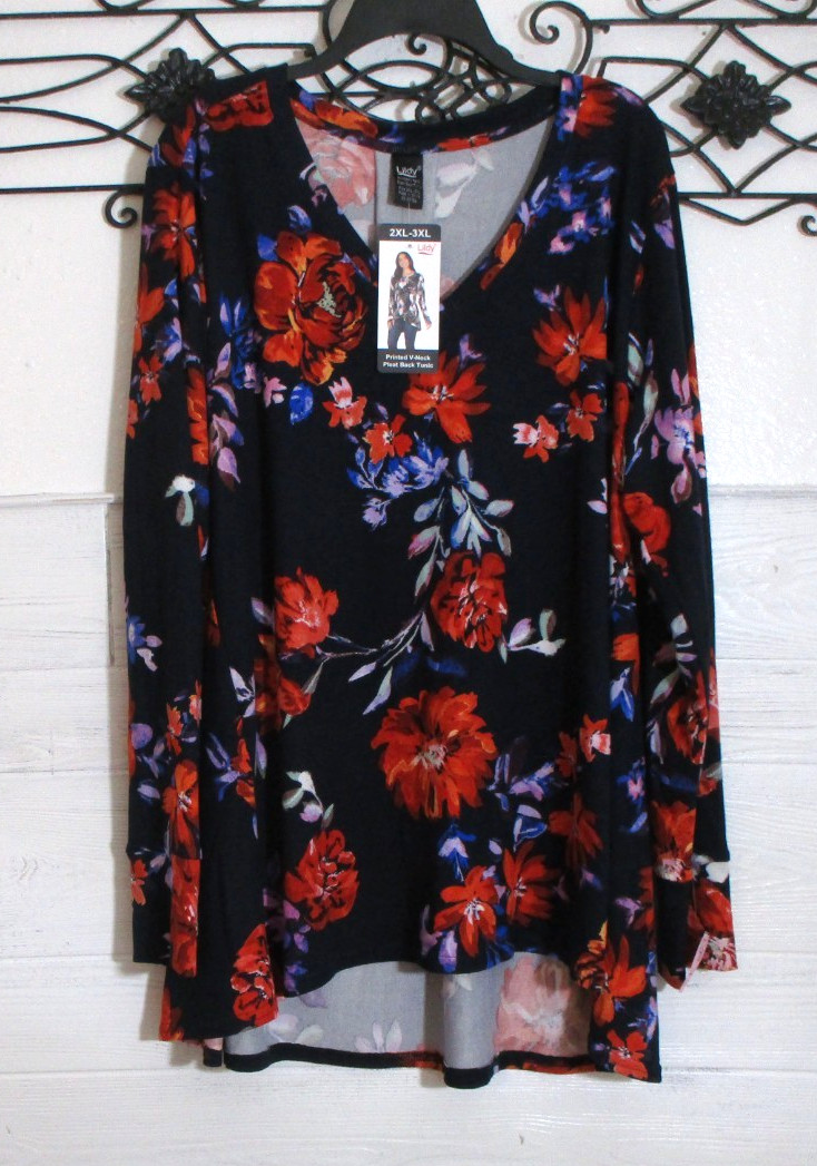 Lildy Women\'s Knit Top Size 2X Long Sleeve Black Floral Round Neck