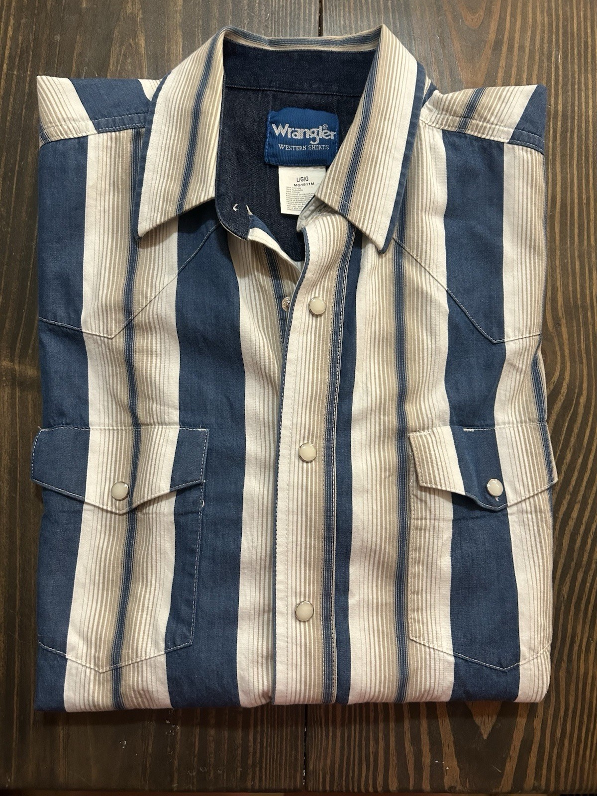 VTG Wrangler Blue Cream White STRIPE BRUSHPOPPER Western Shirt L 90s