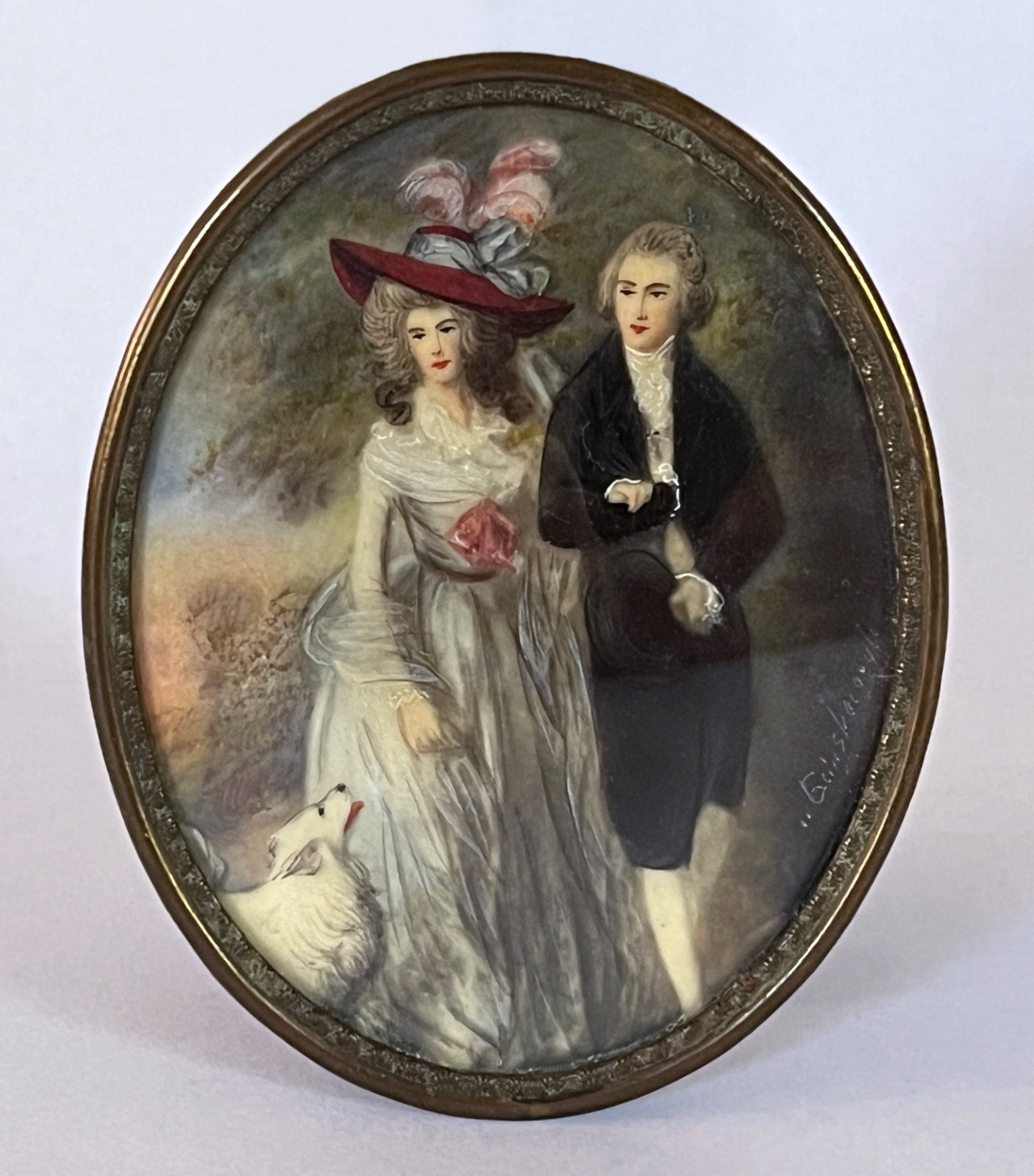 Antique 1800s Oval Miniature Painting, Copy of Gainsborough 1785 Portrait, 3.5\