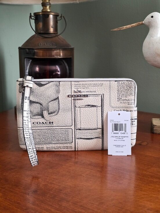 Coach CDE80 Large Corner Zip Wristlet Chalk Newspaper Print Leather NWT Coach CDE80 Large Corner Zip Wristlet Chalk Newspaper Print Leather NWT