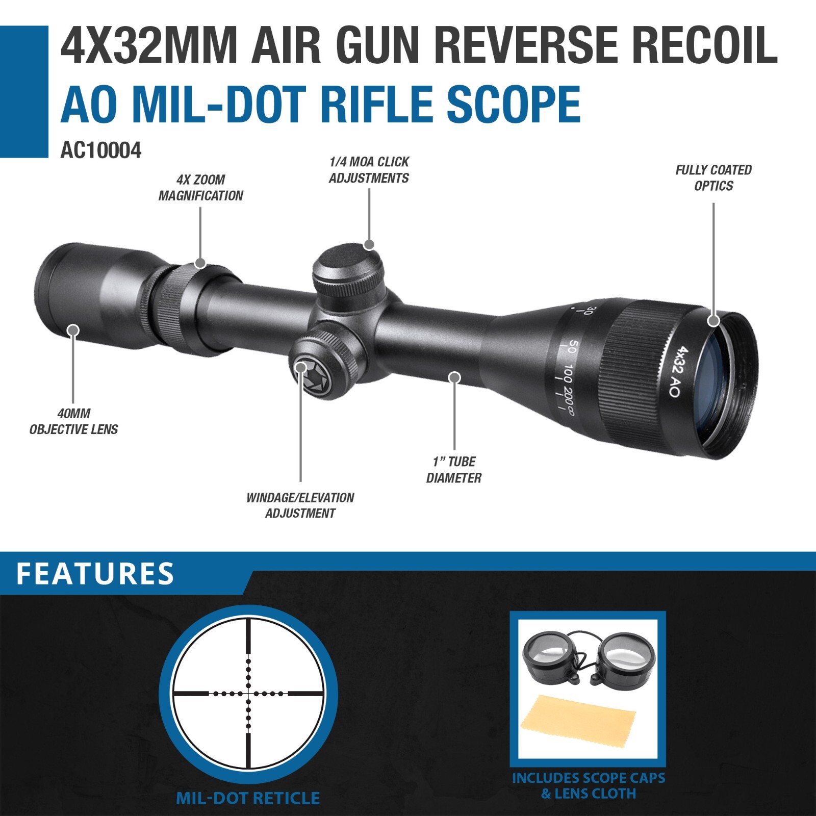 Barska 4x 32mm AO Airgun Riflescope with Mil-Dot AC10004 Barska 4x 32mm AO Airgun Riflescope with Mil-Dot AC10004