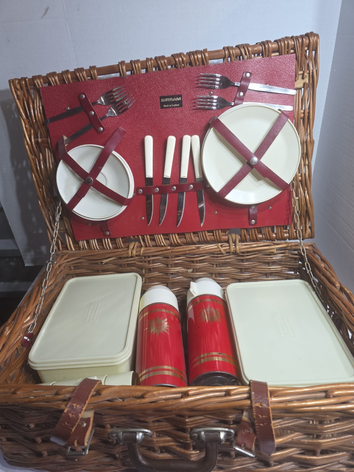 Vintage Sirram Picnic Set In Wicker Basket Vintage Sirram Picnic Set In Wicker Basket