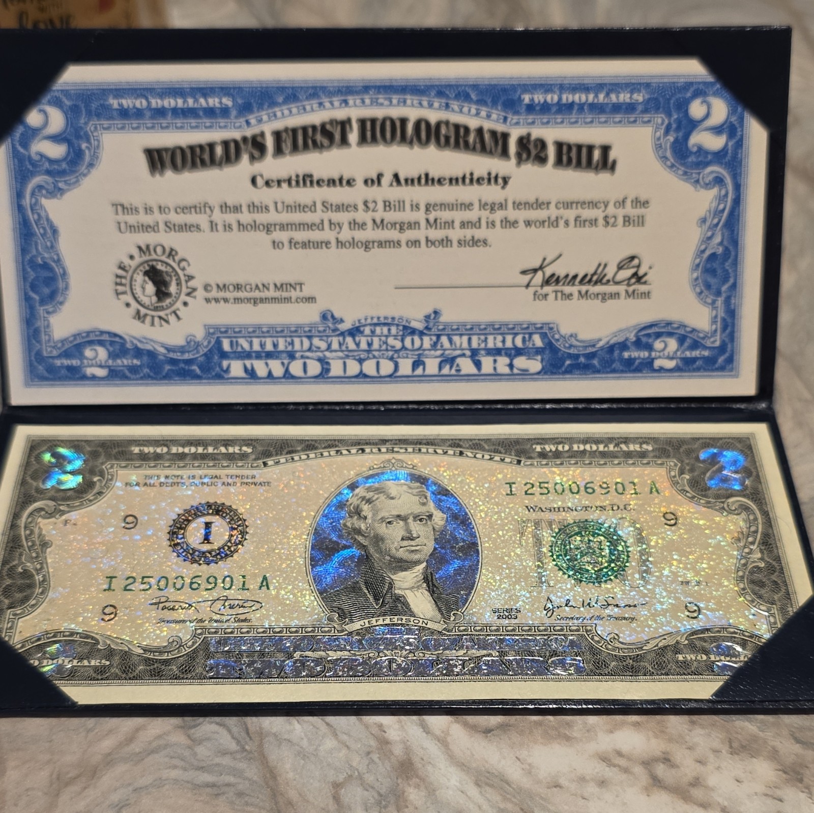 Rare “WORLDS FIRST” Double Sided Holographic $2 Dollar Bill COA From Morgan Mint Rare “WORLDS FIRST” Double Sided Holographic $2 Dollar Bill COA From Morgan Mint