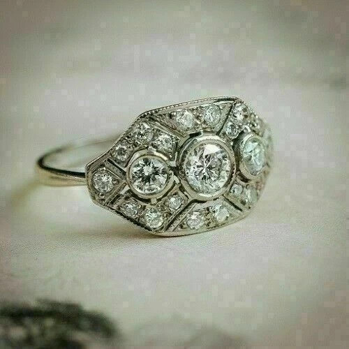 2Ct Round Cut Real Moissanite Vintage Women\'s Wedding Ring 14K White Gold Plated