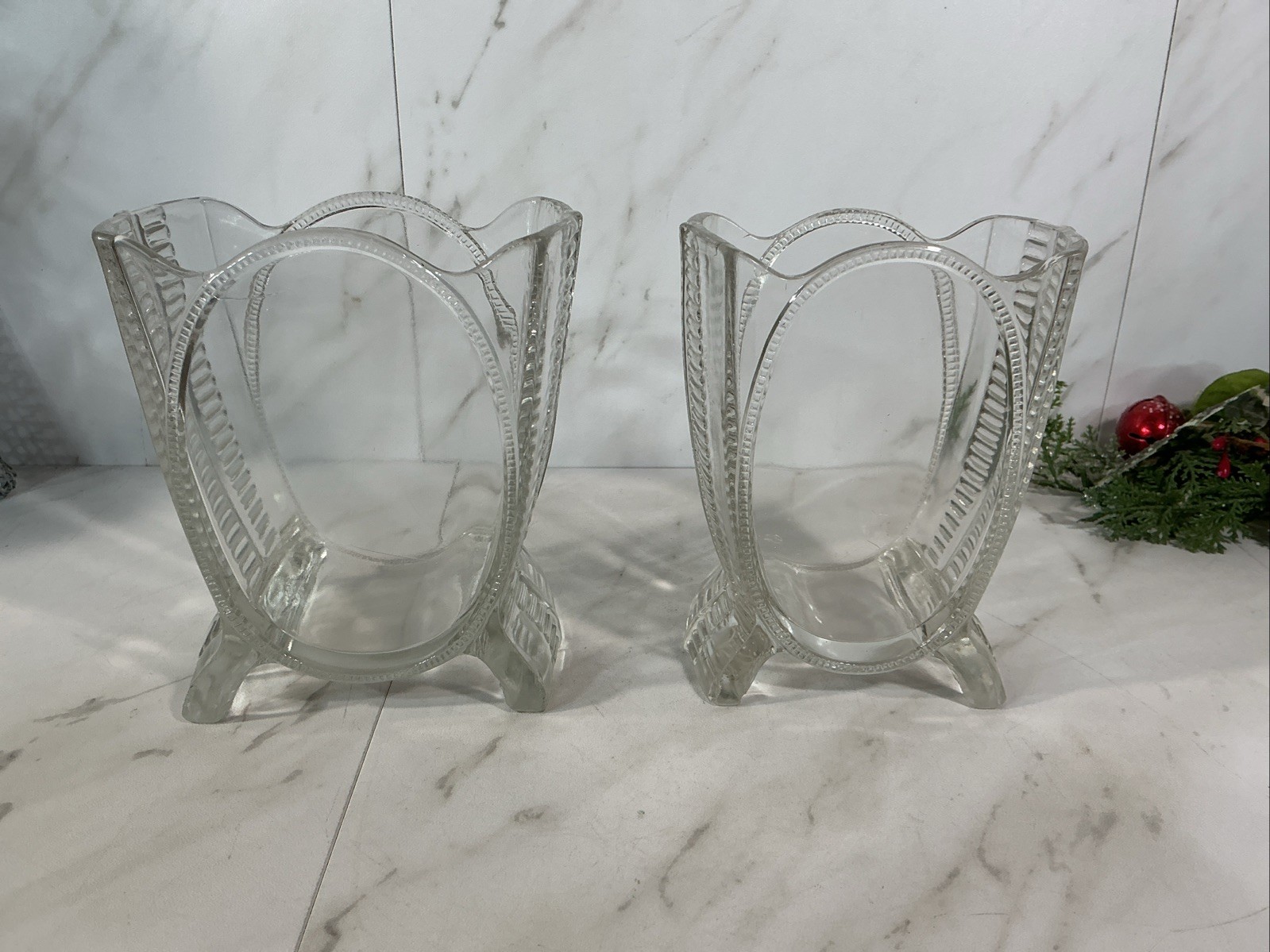 VTG Pair of EAPG Adams & Co Square Oval Medallion Vases Clear Glass Footed