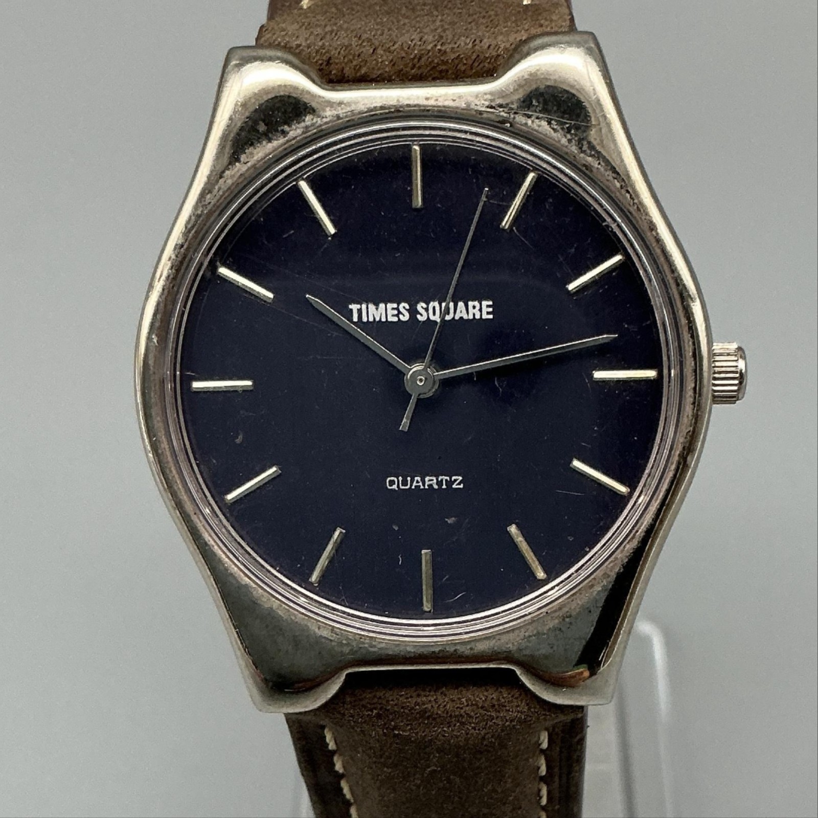 Times Square Womens Watch 32mm Blue Dial Silver Tone Brown Leather New Battery