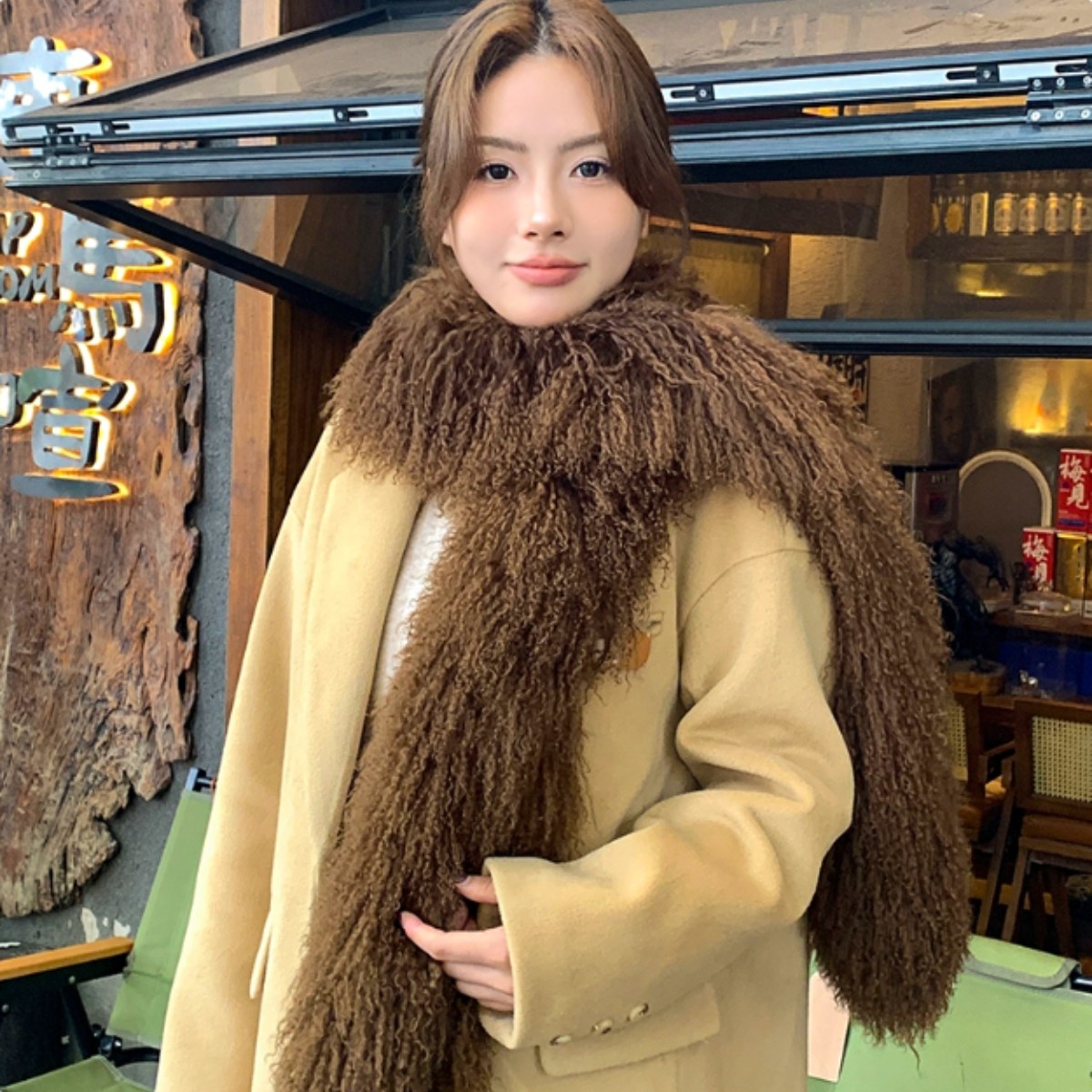 Real Mongolian Lamb Fur Scarf Shawl Wraps Long Double Sides Fur Pink Black Grey