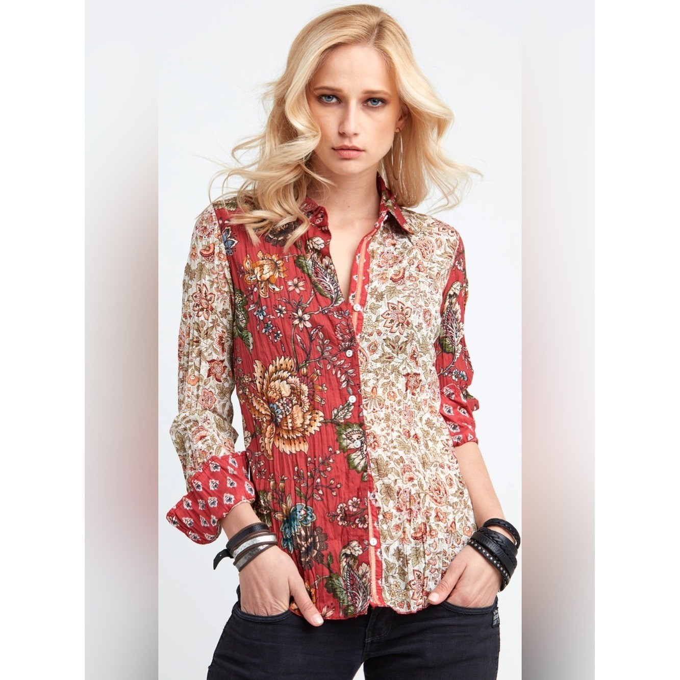 CINO Provence Mix Shirt Women XL Red Black NWOT Floral Cotton Crinkle Button Up