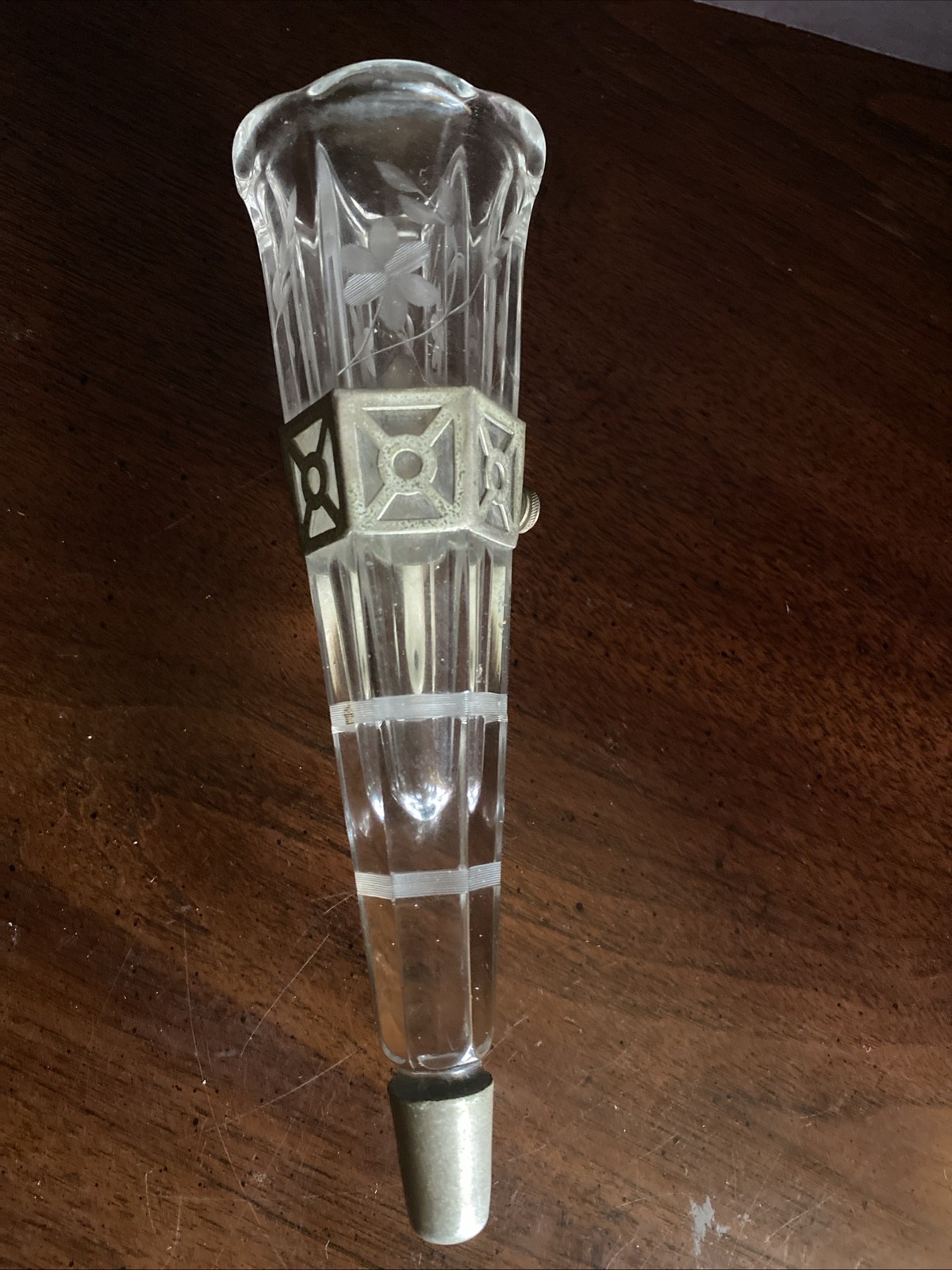 Antique 1920s Car Bud Vase Clear Cut Glass Floral Etched & Original Bracket