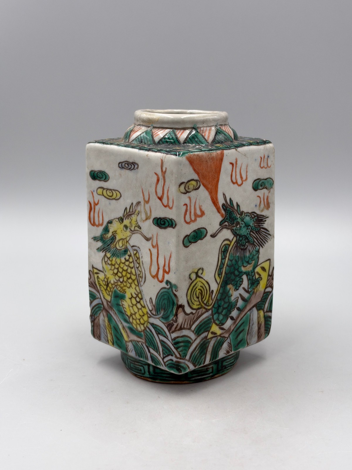 Antique 19th c. Late Qing Chinese Wucai Square Vase Dragon Pattern 5 3/4''