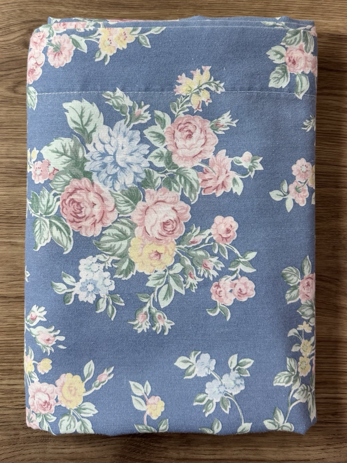 Vintage Twin Blue Floral Flat Sheet Pink Cabbage Roses Cottagecore Shabby Chic