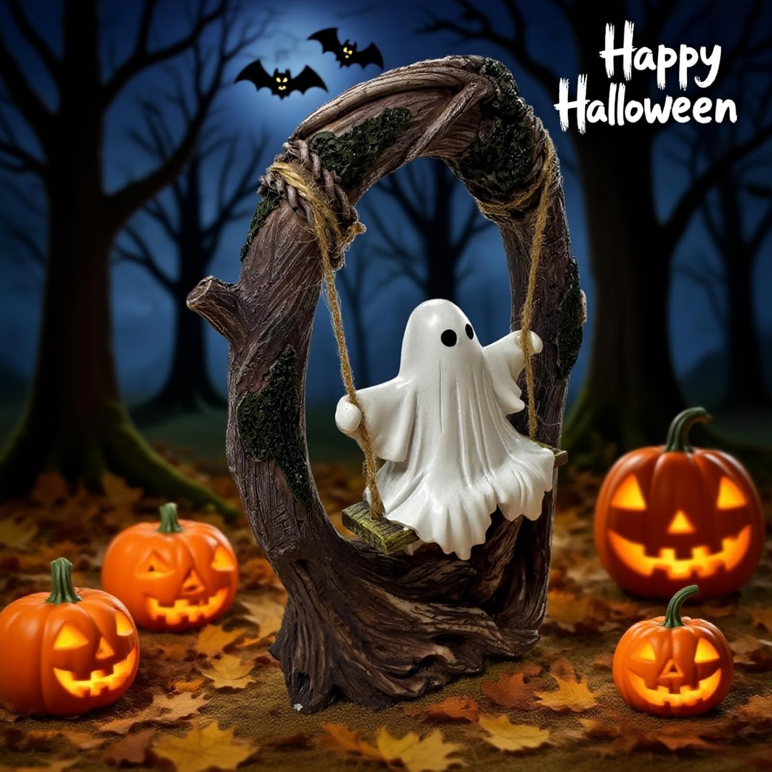 Swinging Ghost on Tree Swing, Cute Swinging Ghost Halloween Figurine Indoor D... Swinging Ghost on Tree Swing, Cute Swinging Ghost Halloween Figurine Indoor D...