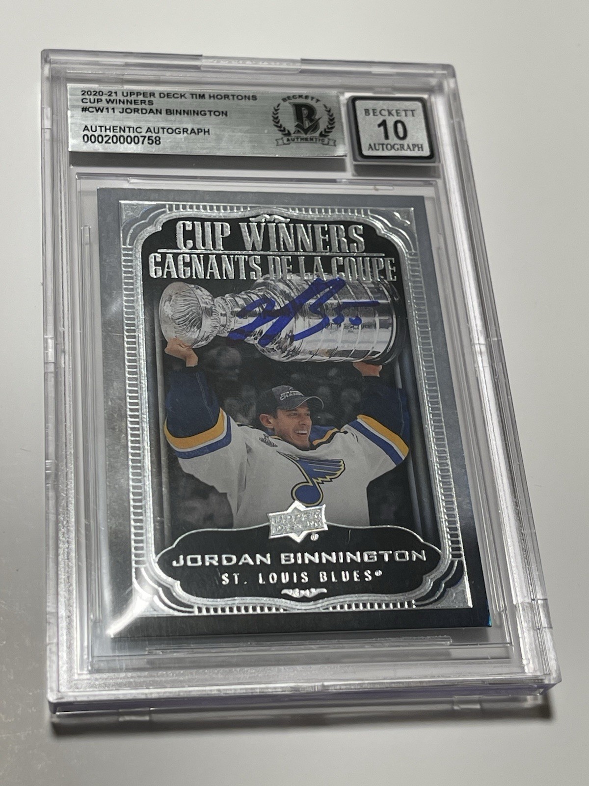 Jordan Binnington Signed Card Cup Winners Slabbed Beckett BAS IP Auto Blues a