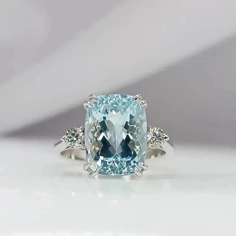 6.50 Ct Cushion Cut Natural Aquamarine & Diamond Wedding Ring 14K White Gold