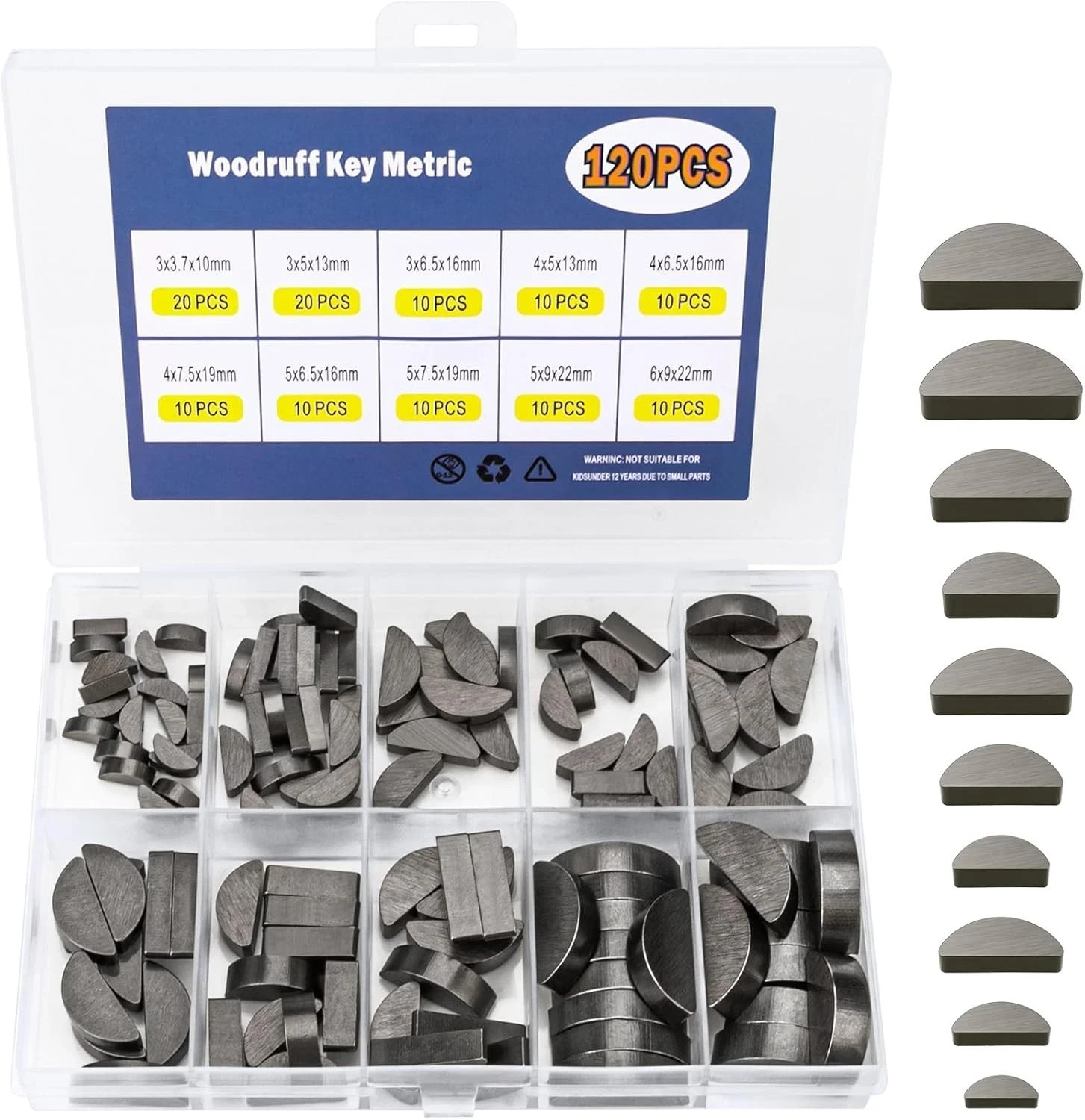 120pcs Woodruff Key Assortment Kit, 10 Popular Sizes of Half Moon Keys, Keyway a
