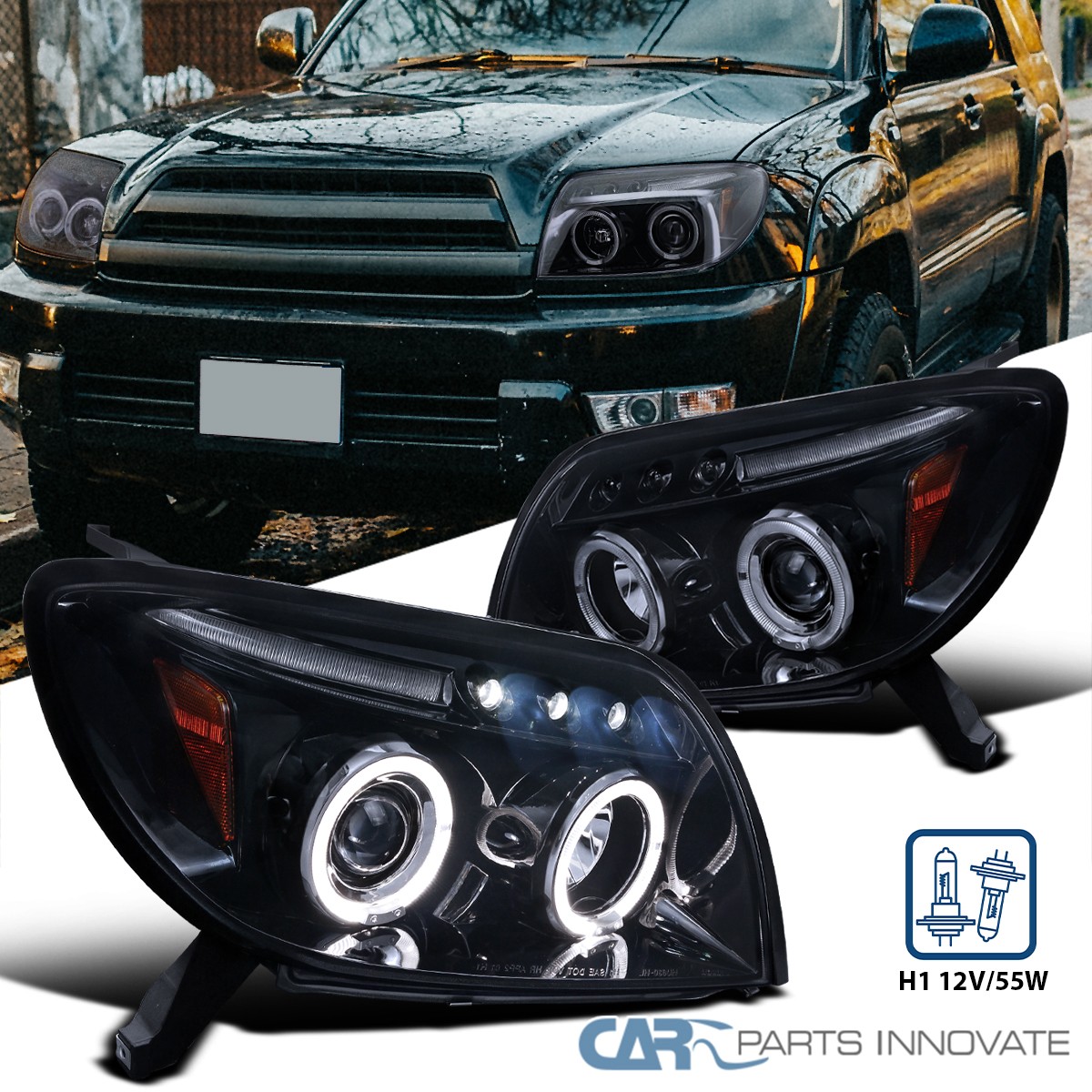 Fits 2003-2005 Toyota 4Runner Smoke LED Halo Projector Headlights Head Lamps L+R