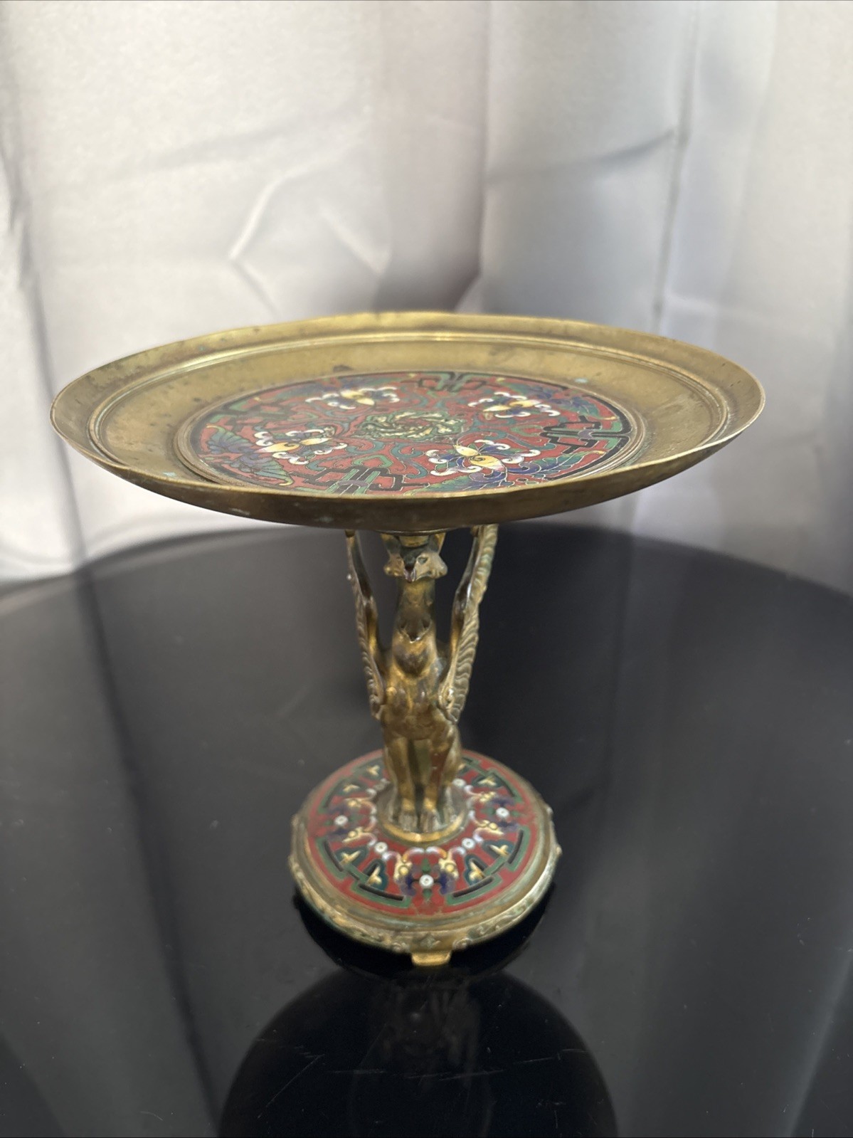 Antique Chinese Cloisonné Gilt Bronze Dragon Tazza Comport c1900 18cm