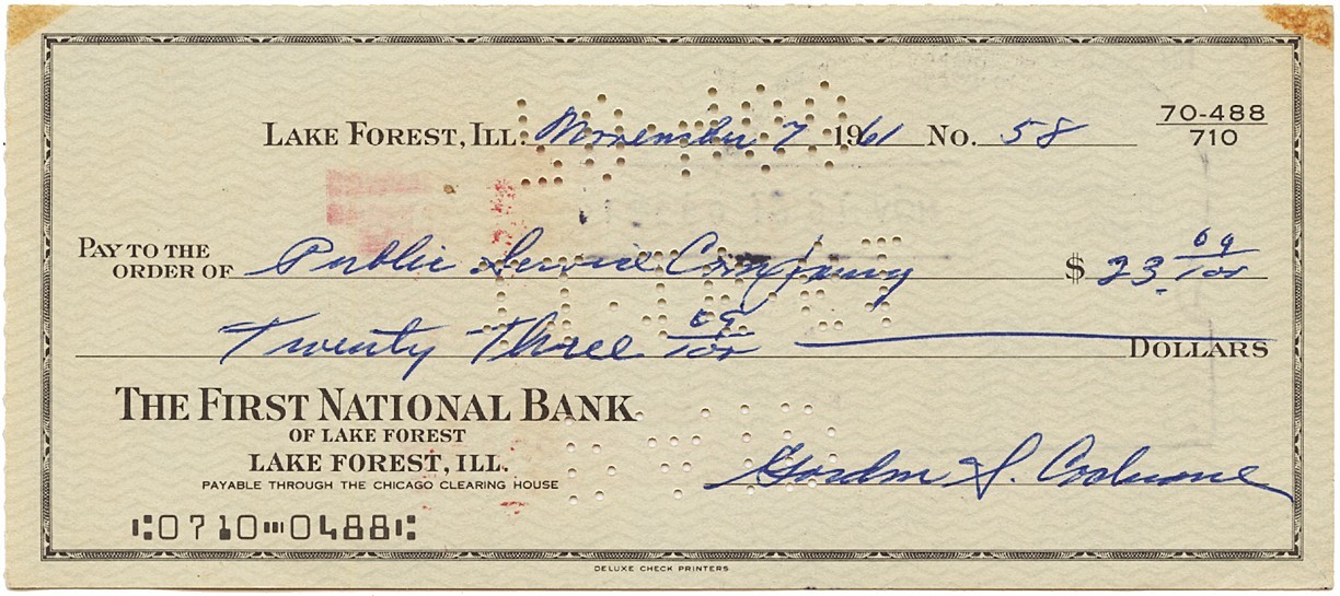 1961 Mickey Cochrane Handwritten & Signed Check Detroit Tigers