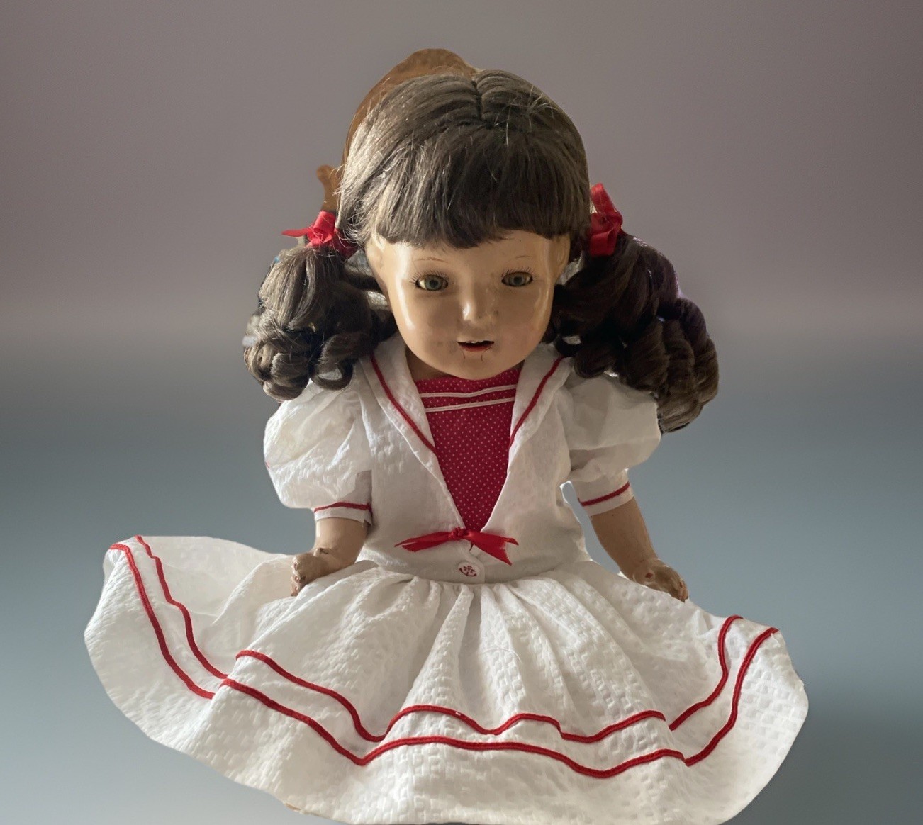 ANTIQUE GIRL DOLL HAUNTED(?) COMPOSITE HEAD/LIMBS STUFFED BODY 40s COLLECTIBLE