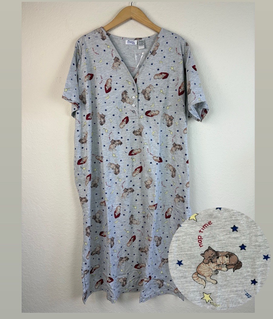 Vtg Dreams Co 2x Nightgown Maxi Cat Kitten Print Short Sleeve Cotton Cottagecore Vtg Dreams Co 2x Nightgown Maxi Cat Kitten Print Short Sleeve Cotton Cottagecore