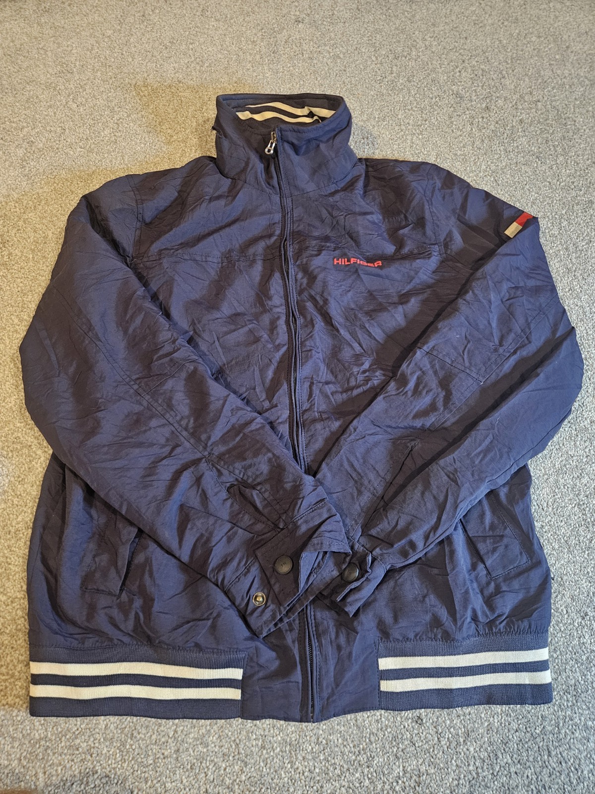 Vintage Tommy Hilfiger Navy Nylon Jacket Red Mesh Lined Spellout Size Small