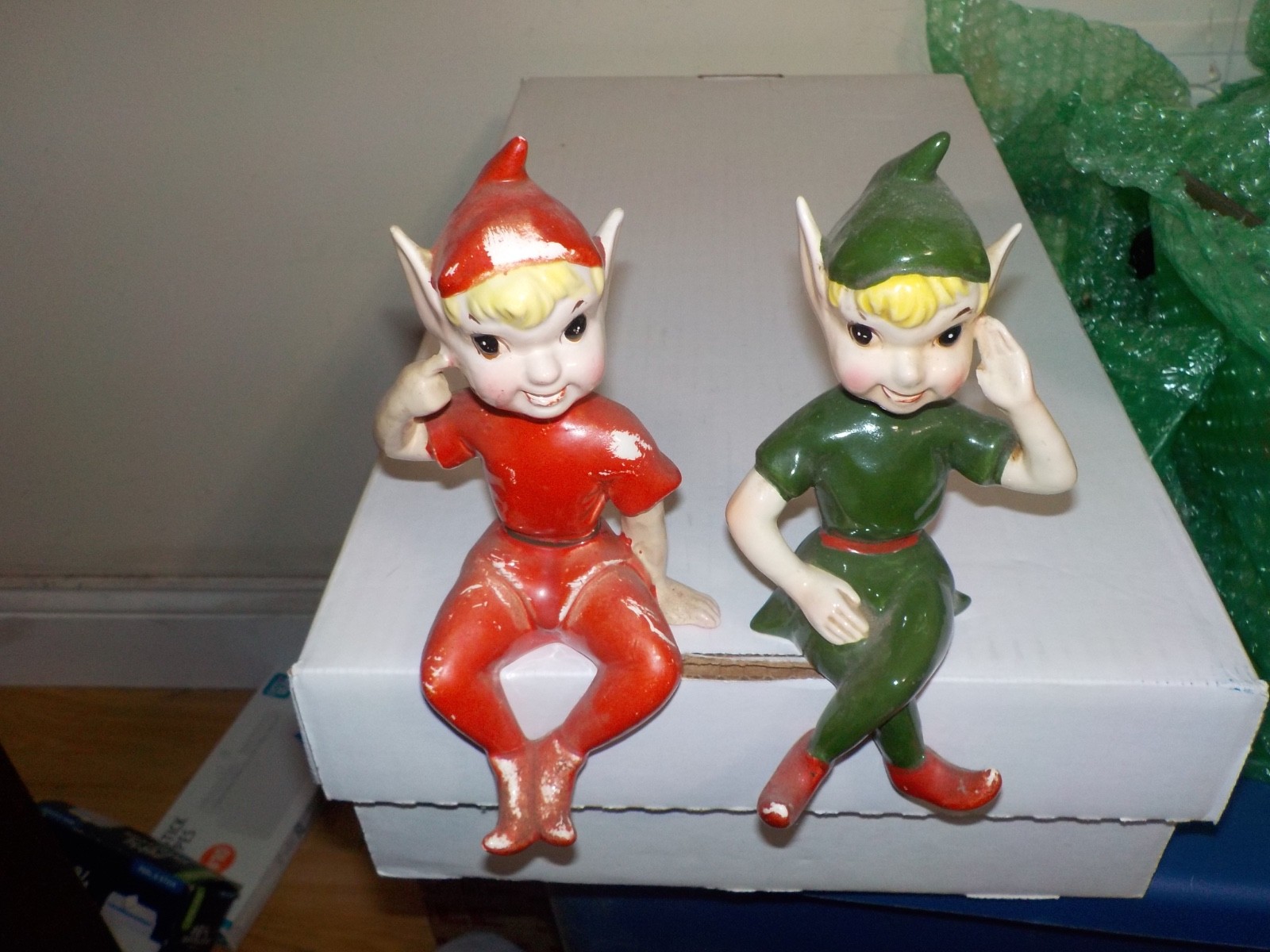 2 Vintage 1950's Kreiss Ceramic Large Red & Green Christmas Elves Ledge Sitters 2 Vintage 1950's Kreiss Ceramic Large Red & Green Christmas Elves Ledge Sitters