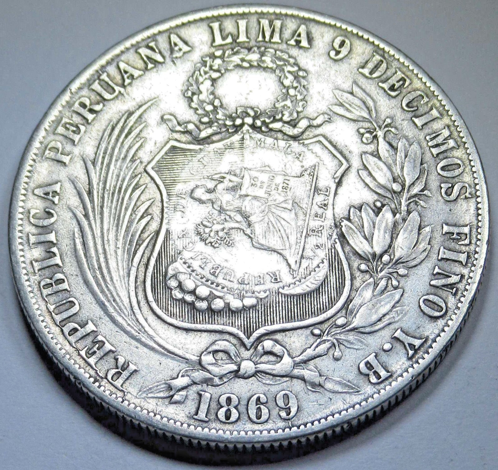 1869 Peru Un Sol With 1894 Guatemala 1 Peso Countermark 1800's Counterstamp Coin
