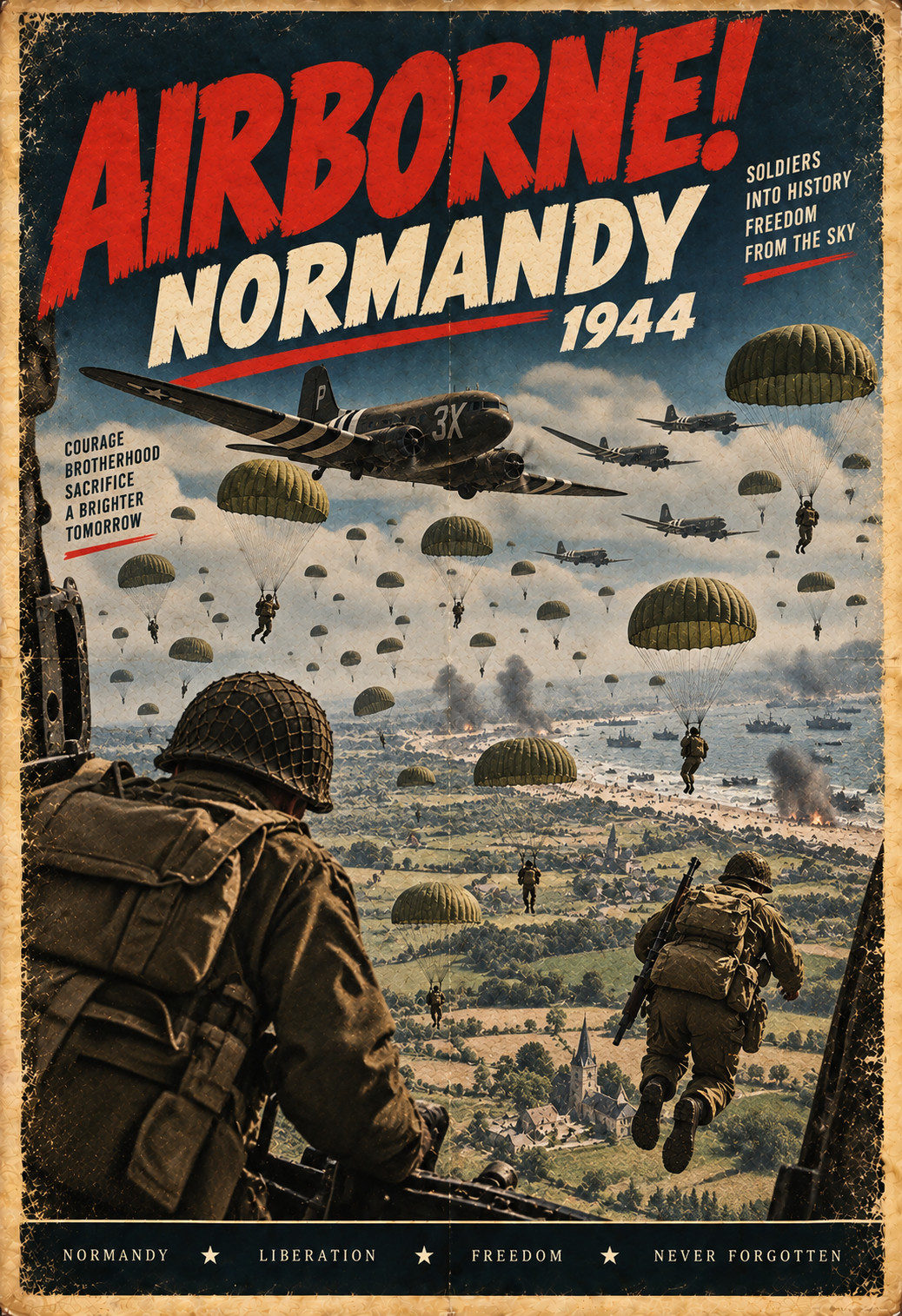 Airborne Normandy 1944 WWII Paratrooper Poster Vintage Military Wall Art 13x19
