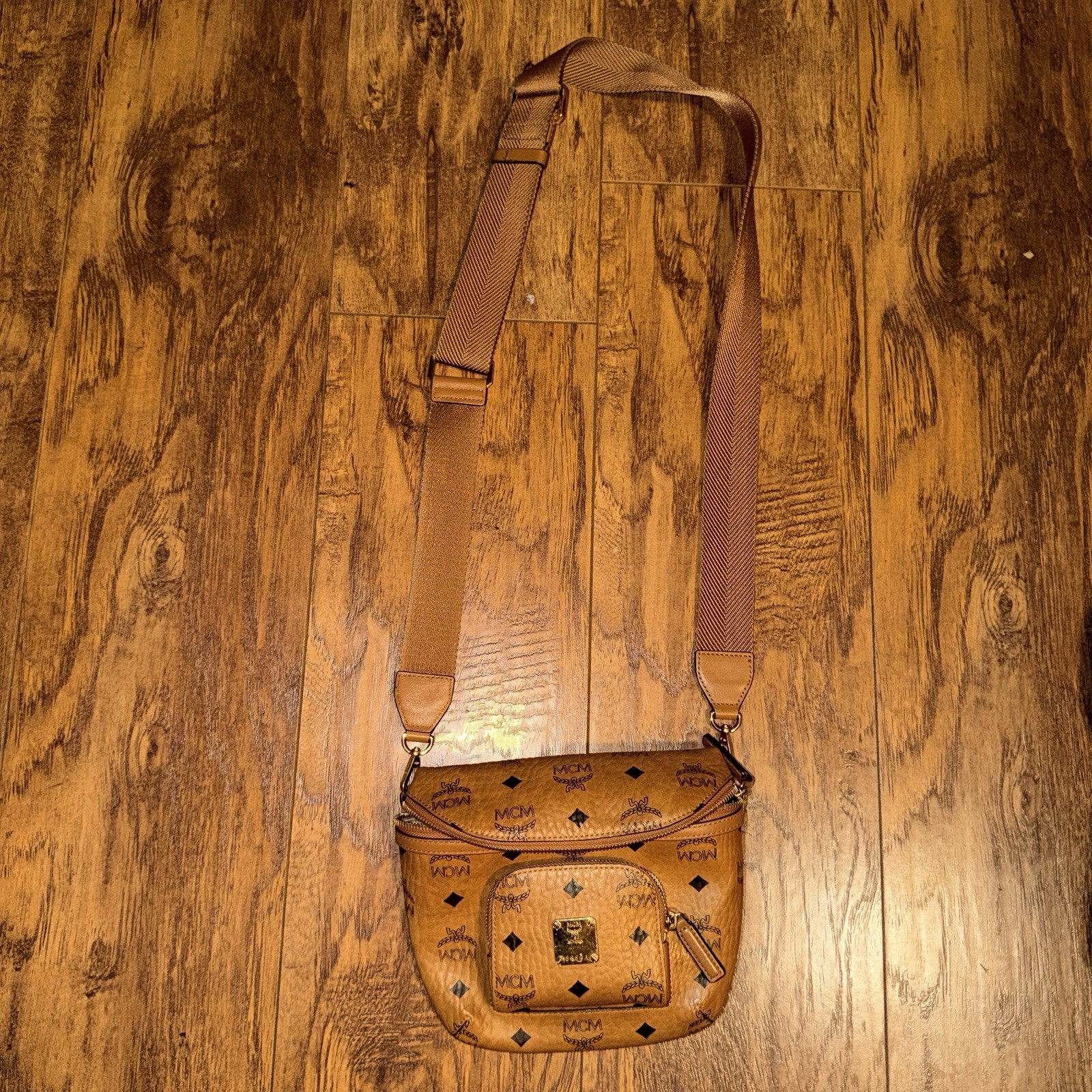 MCM Cognac Visetos Crossbody Bag Monogram Adjustable Strap Gold Hardware