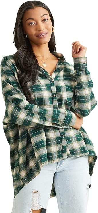 Altar\'d State Women\'s Oversized Button-Up Flannel Shirt Green Plaid Sleeve