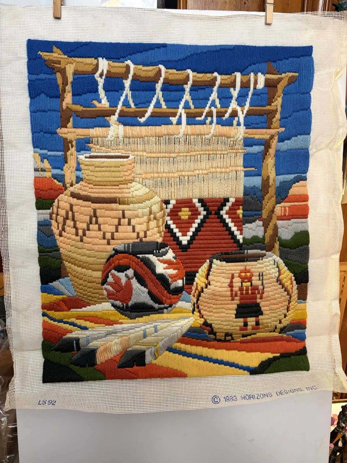 Large Vintage Southwest Needlepoint Wall Hanging Pueblo Textile Basket Art