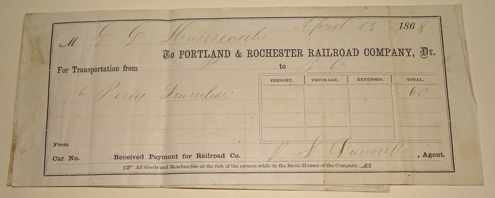1868 Railroad Freight Receipts Portland Rochester Saco Portsmouth Maine Ephemera