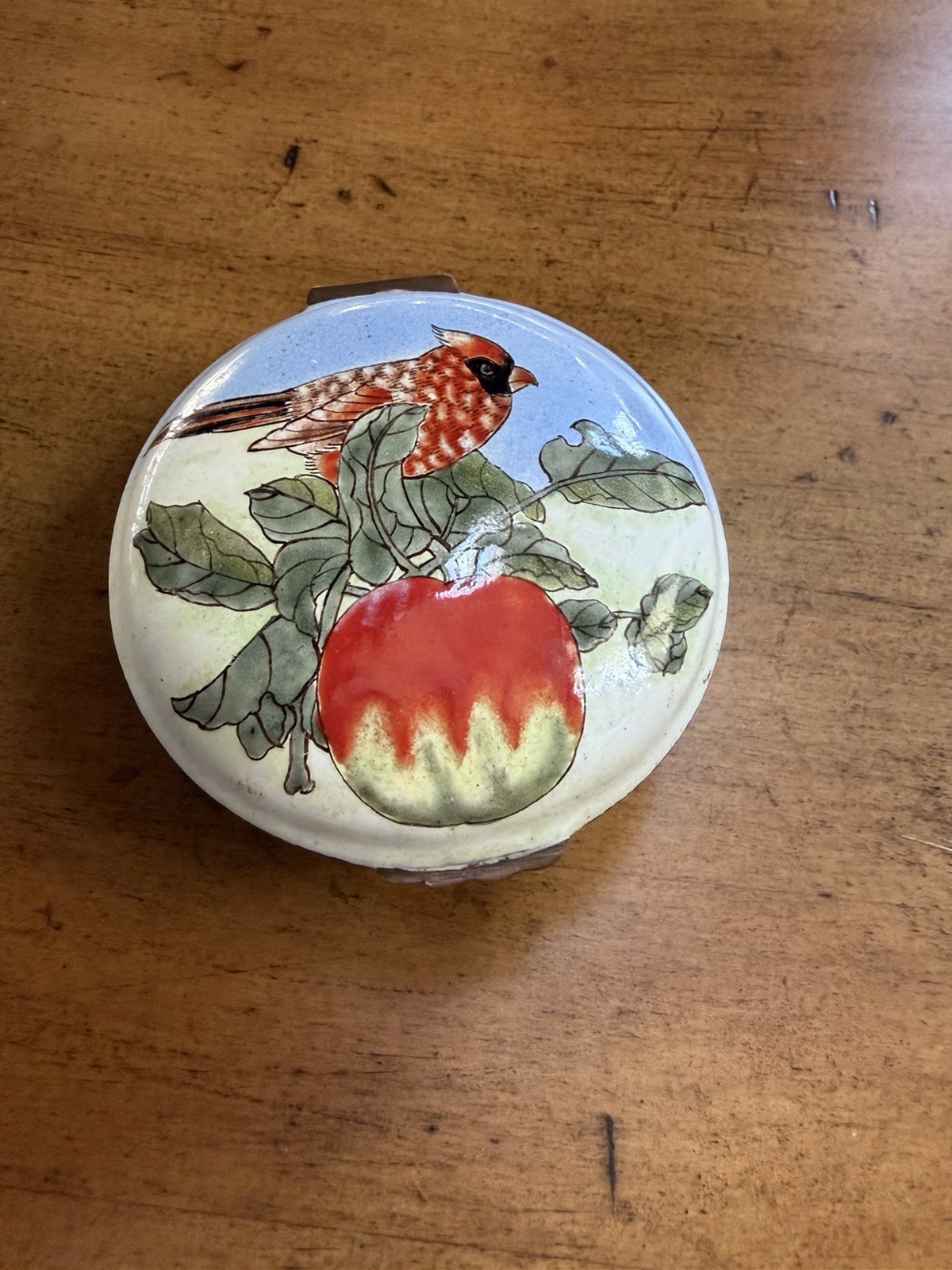 VINTAGE HINGED ENAMEL Trinket Jewelry  BOX BIRD BRANCH FRUIT Leaves Green Blue H